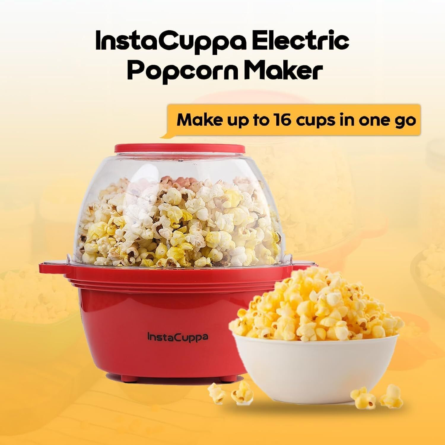 Image of INSTACUPPA Electric Popcorn Maker | Automatic One-Button Non-Stick Popper | Large Transparent Lid as Serving Bowl | Butter & Seasoning Tray, Cool-Touch Base 1800 ml Popcorn Maker