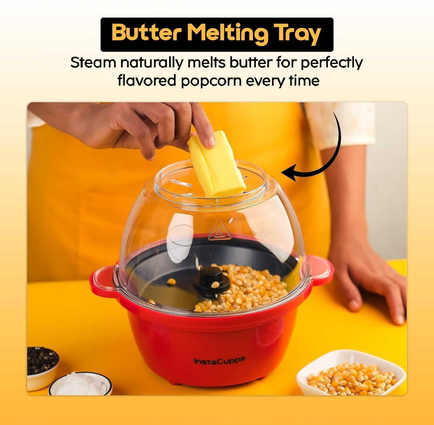 Image of INSTACUPPA Electric Popcorn Maker | Automatic One-Button Non-Stick Popper | Large Transparent Lid as Serving Bowl | Butter & Seasoning Tray, Cool-Touch Base 1800 ml Popcorn Maker