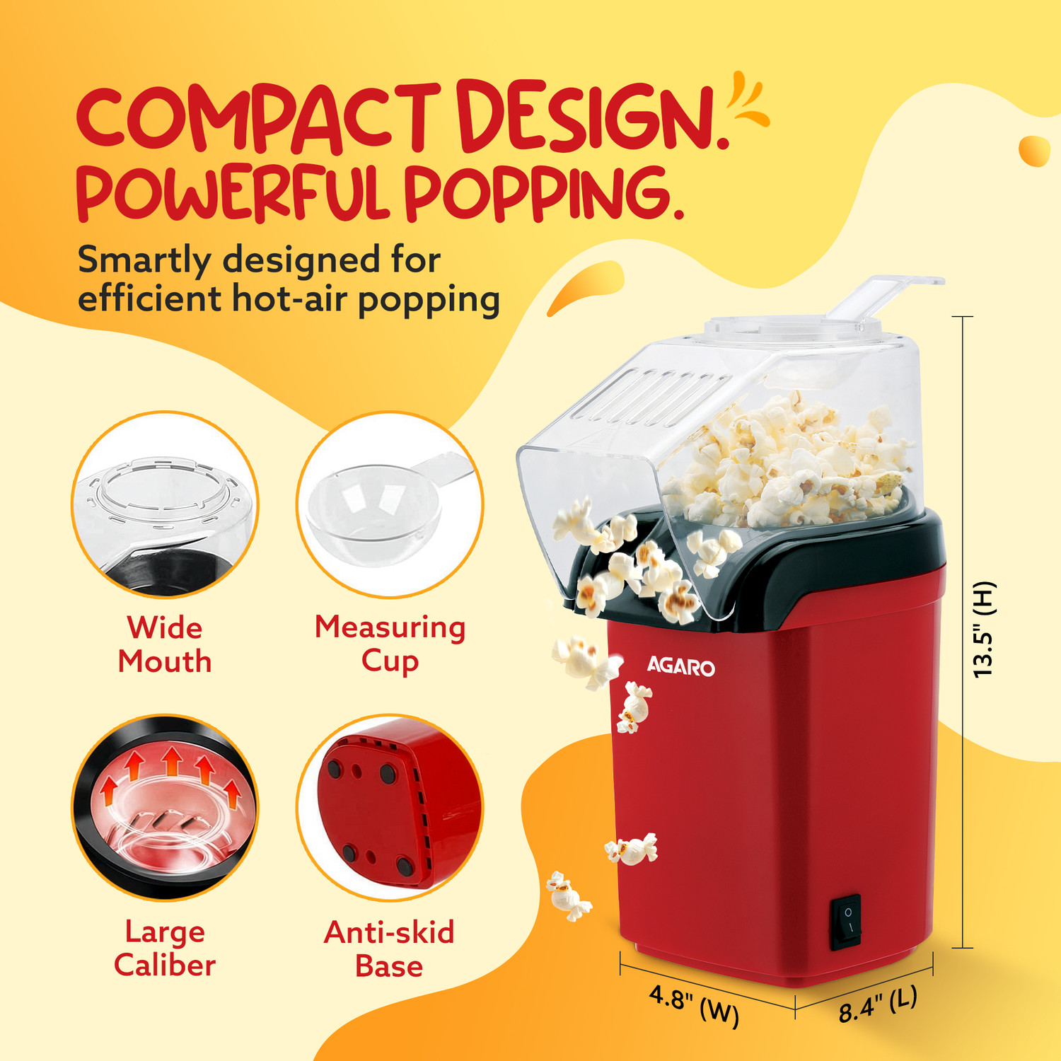 Image of AGARO Delite Electric Popcorn Maker, 1200W Hot Air Popper Oil-Free Healthy Snacks for Kids in 2 Mins, 98% Popping Rate with Measuring Cup 2 L Popcorn Maker