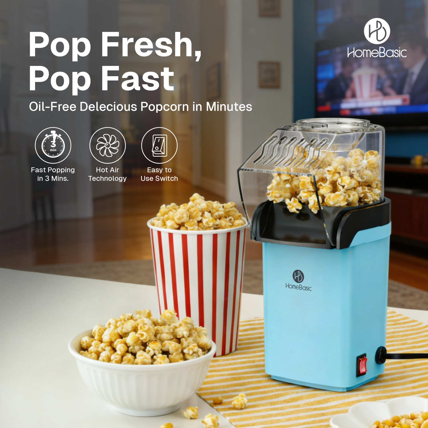 Image of HOMEBASIC HOMEBASIC 1200W Hot Air Popcorn Maker HB-PM-01 60 g Popcorn Maker