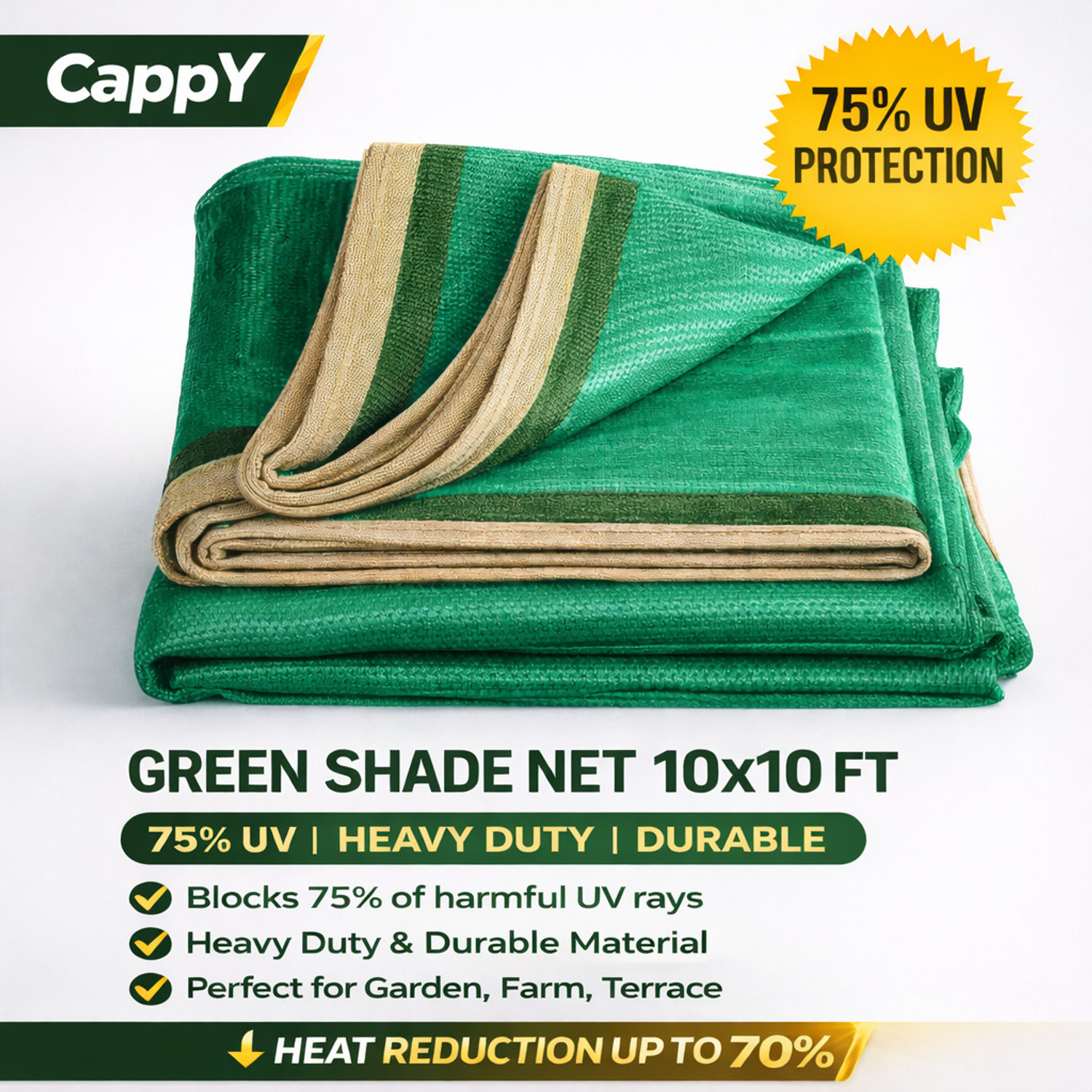 Image of cappy 75% UV Protection Green Shade Net for Garden,Terrace Net for Balcony Portable Green House