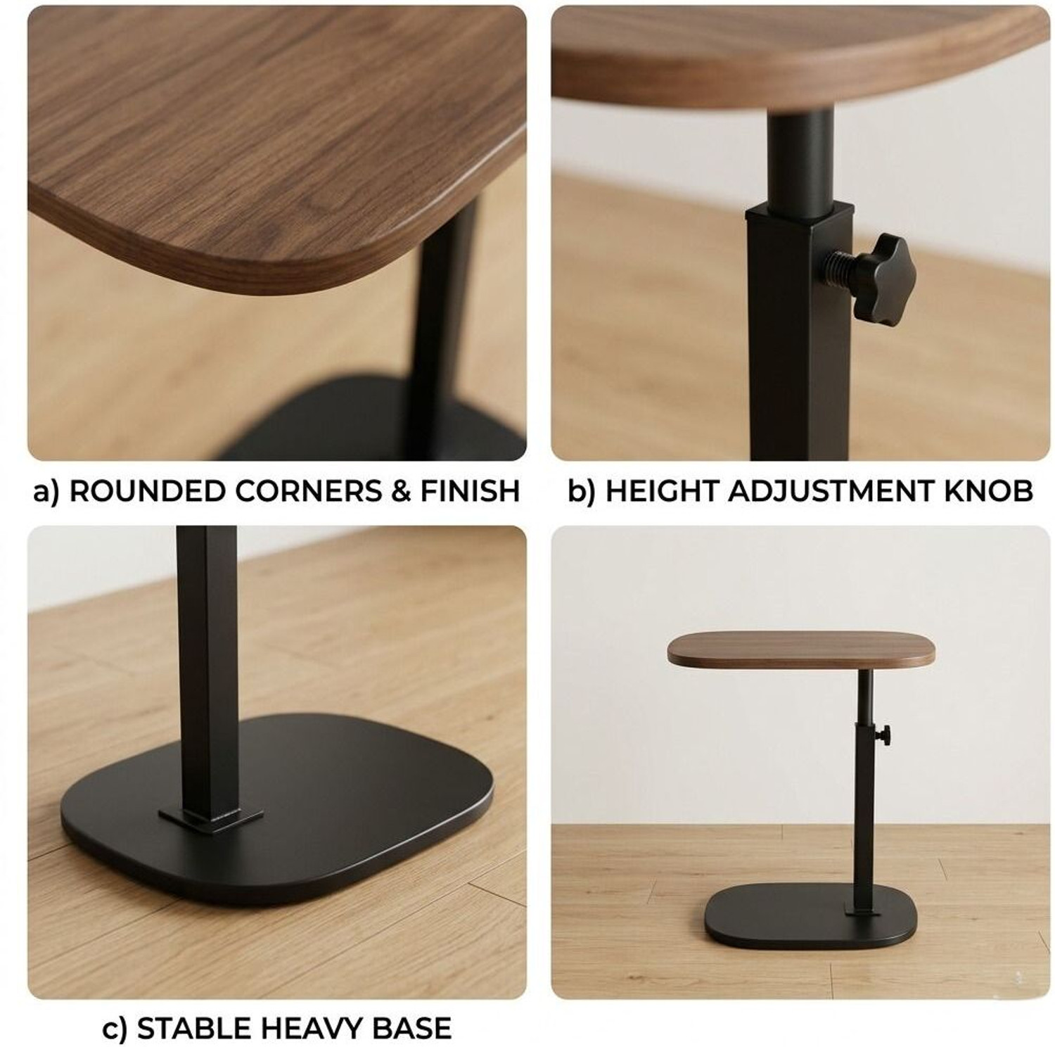 Image of Virah Adjustable C-Shaped Side Table,Engineered Solid Wood & Heavy-Duty Metal Base Wood Portable Laptop Table