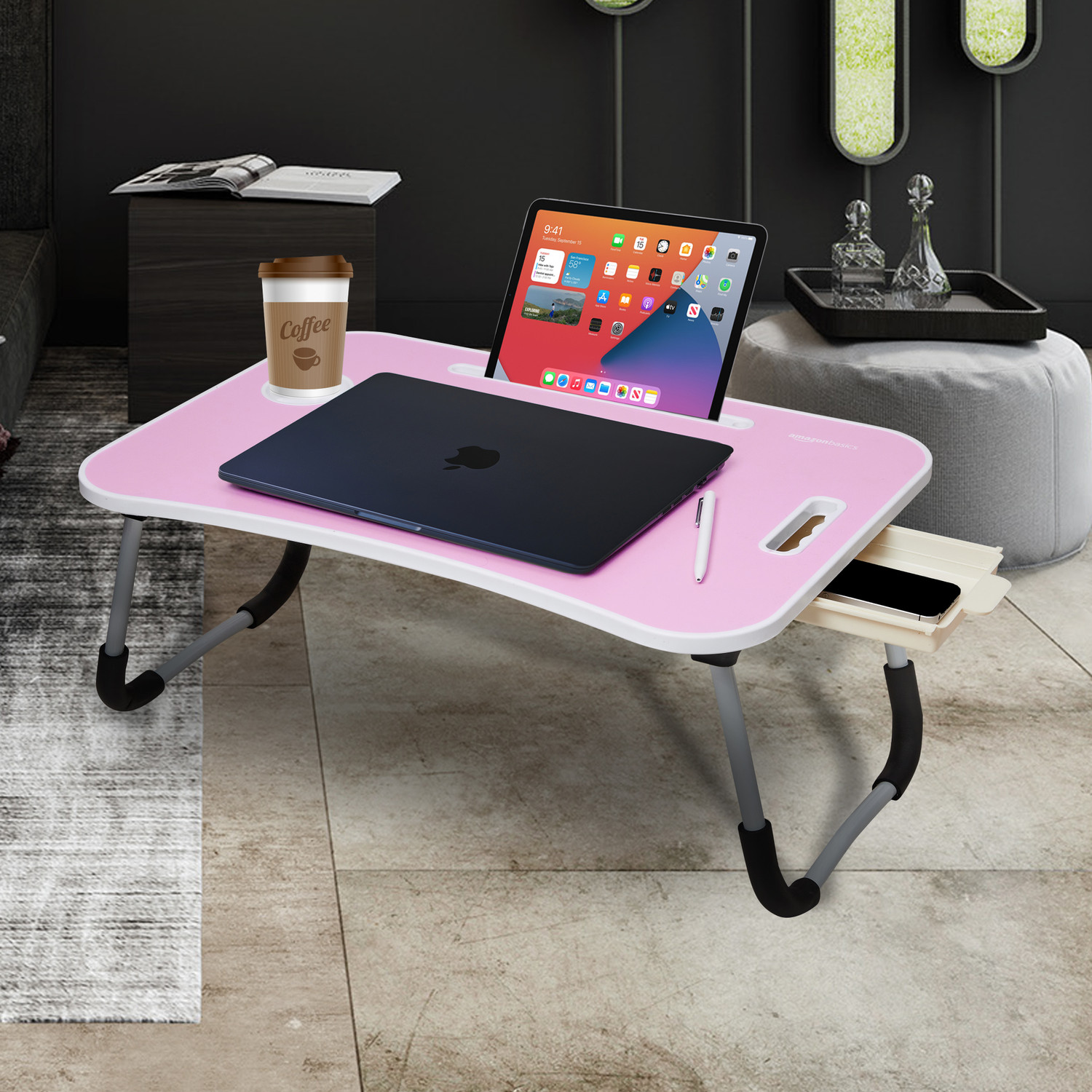 Image of Flipkart Perfect Homes Studio Foldable Wooden Mini Laptop Table for Bed, Study Table with Drawer, Table (Pink) Wood Portable Laptop Table