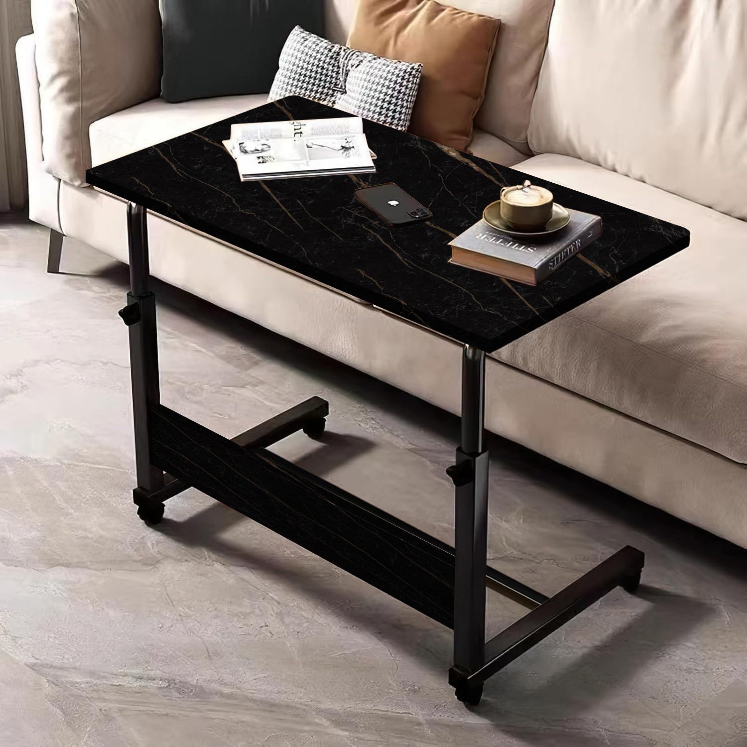 Image of Torche Torche Multipurpose Height Adjustable Movable Table in Black Metal Frame Wood Portable Laptop Table