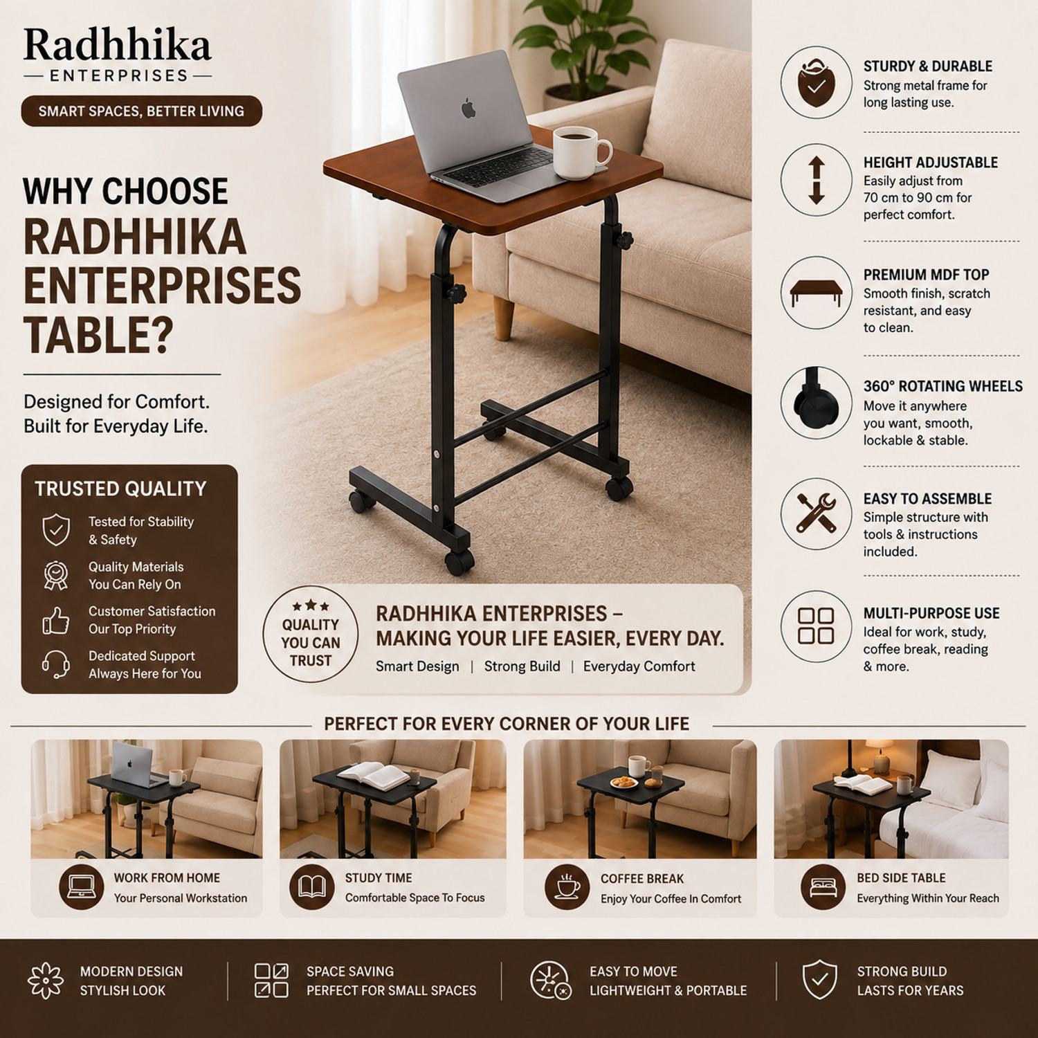 Image of Radhhika Enterprise Foldable Laptop Table for Bed Home Study Work Portable Laptop Desk Wood Portable Laptop Table (Finish Color - MATE BROWN, DIY(Do-It-Yourself))
