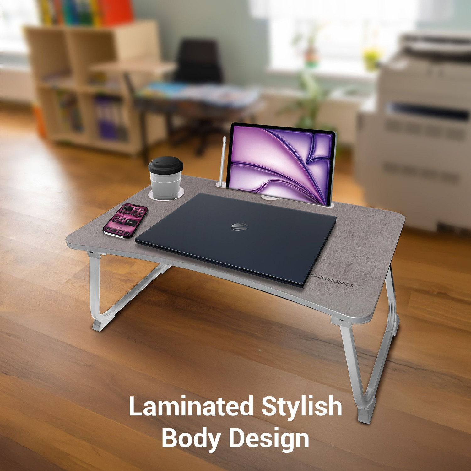 Image of ZEBRONICS ZEB - DOW Y2 (Cement Grey) Wood Portable Laptop Table