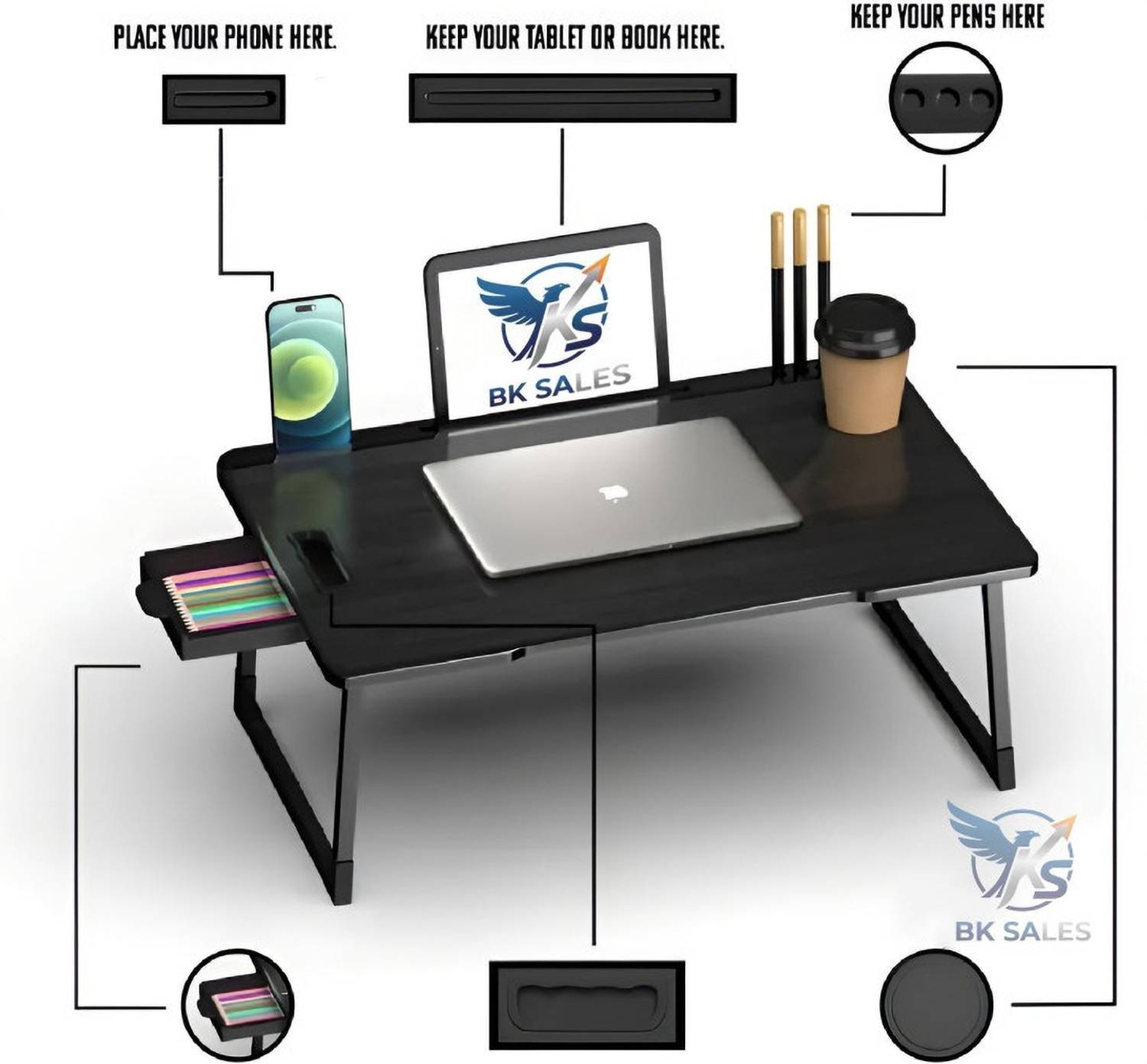 BK SALES Black Cotted Wood Portable Laptop Table - Image 3