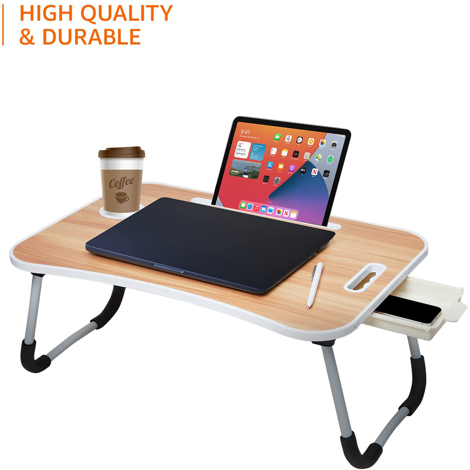 Image of GoRogue Laptop Study Table with Drawer,Tablet /Mobile Holder for Kids & Adults(BEIGE) Wood Portable Laptop Table