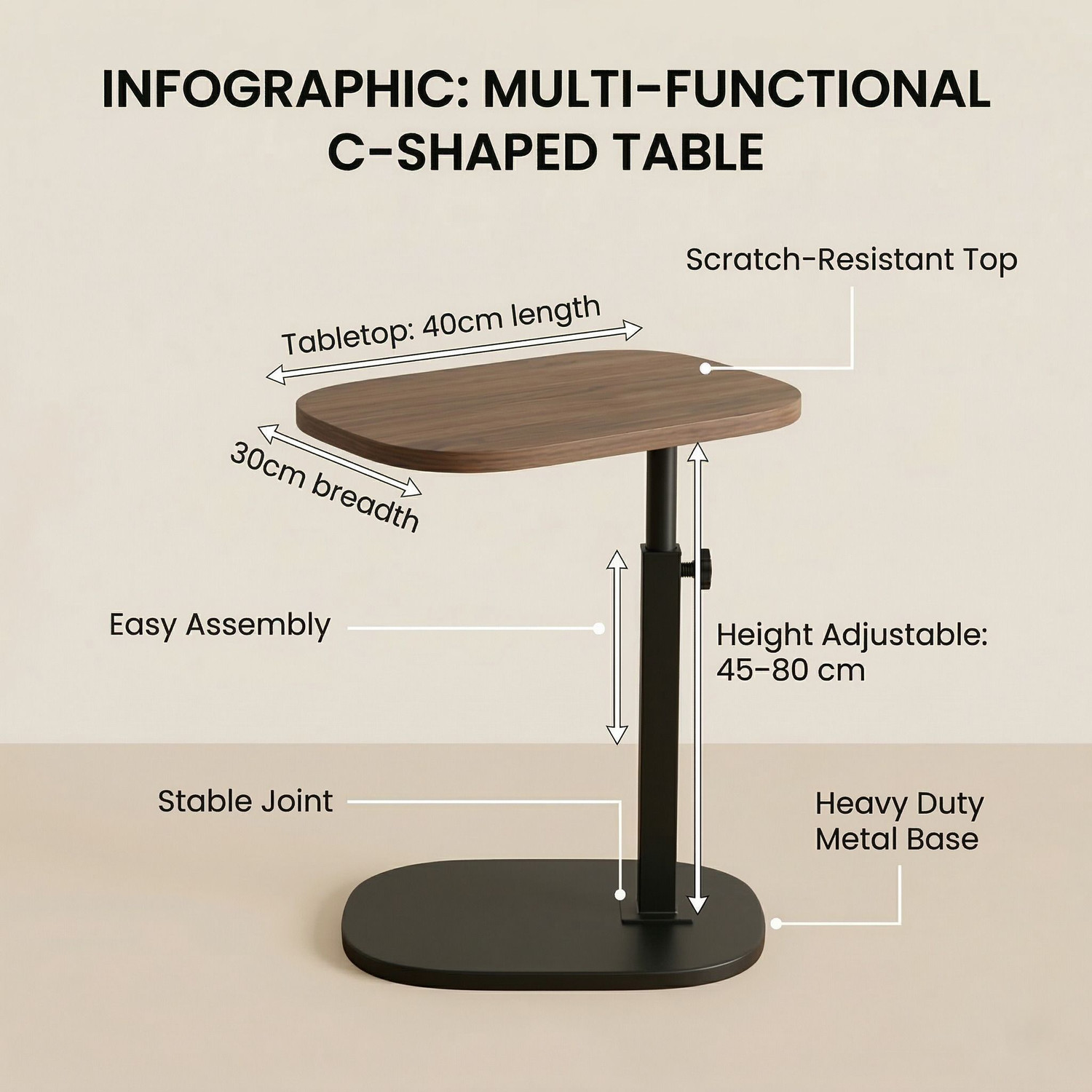 Image of Virah Adjustable C-Shaped Side Table,Engineered Solid Wood & Heavy-Duty Metal Base Wood Portable Laptop Table