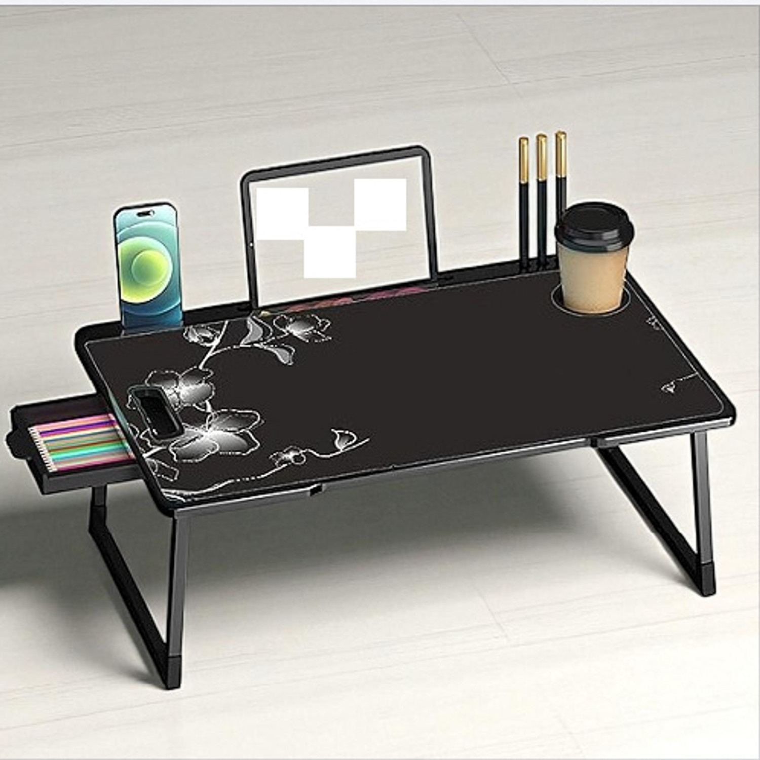 Image of J M SQURE Multipurpose Foldable Laptop Table Study Desk with Storage Drawer and Stand Wood Portable Laptop Table