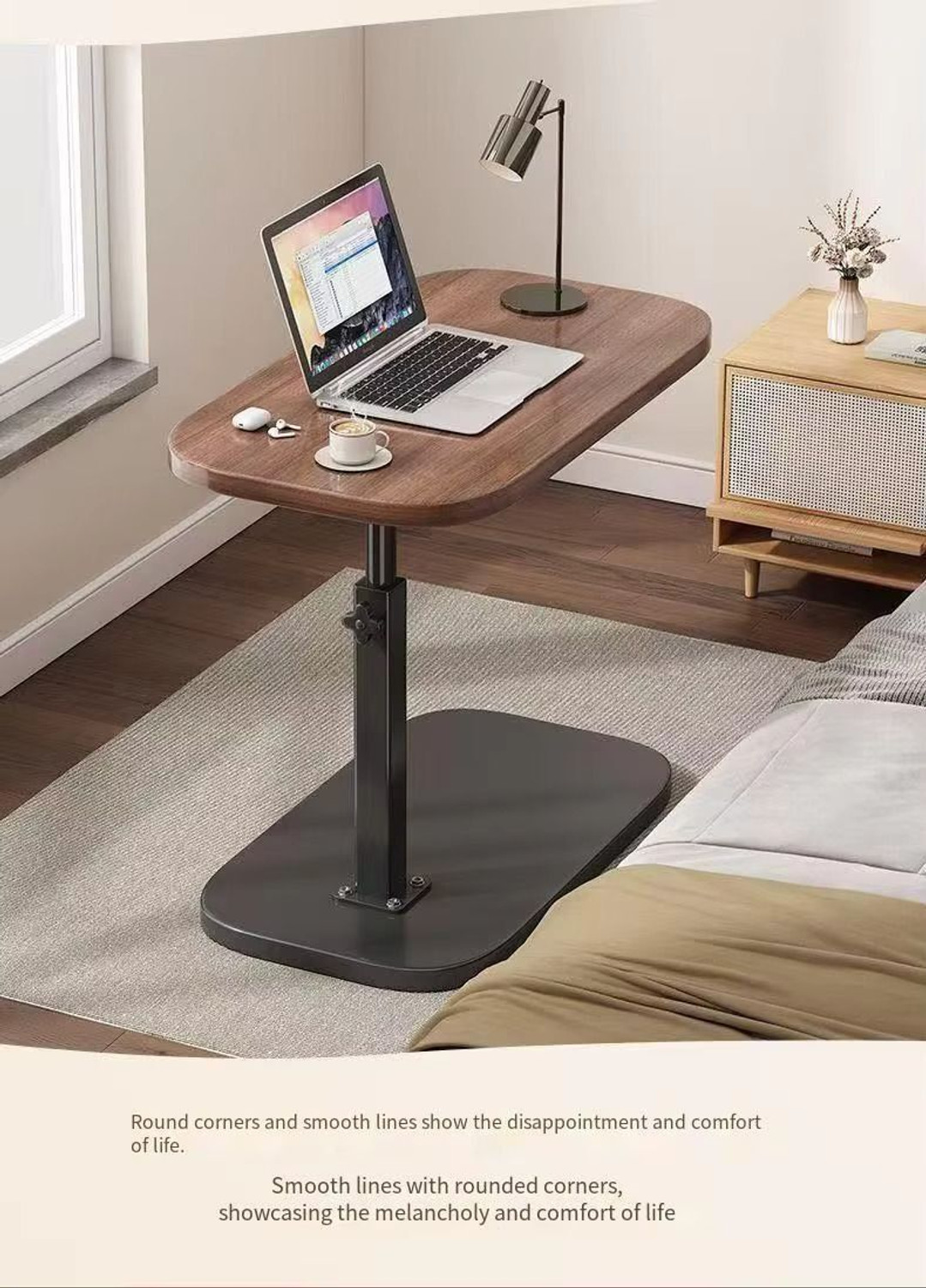 Image of Virah Adjustable C-Shaped Side Table,Engineered Solid Wood & Heavy-Duty Metal Base Wood Portable Laptop Table