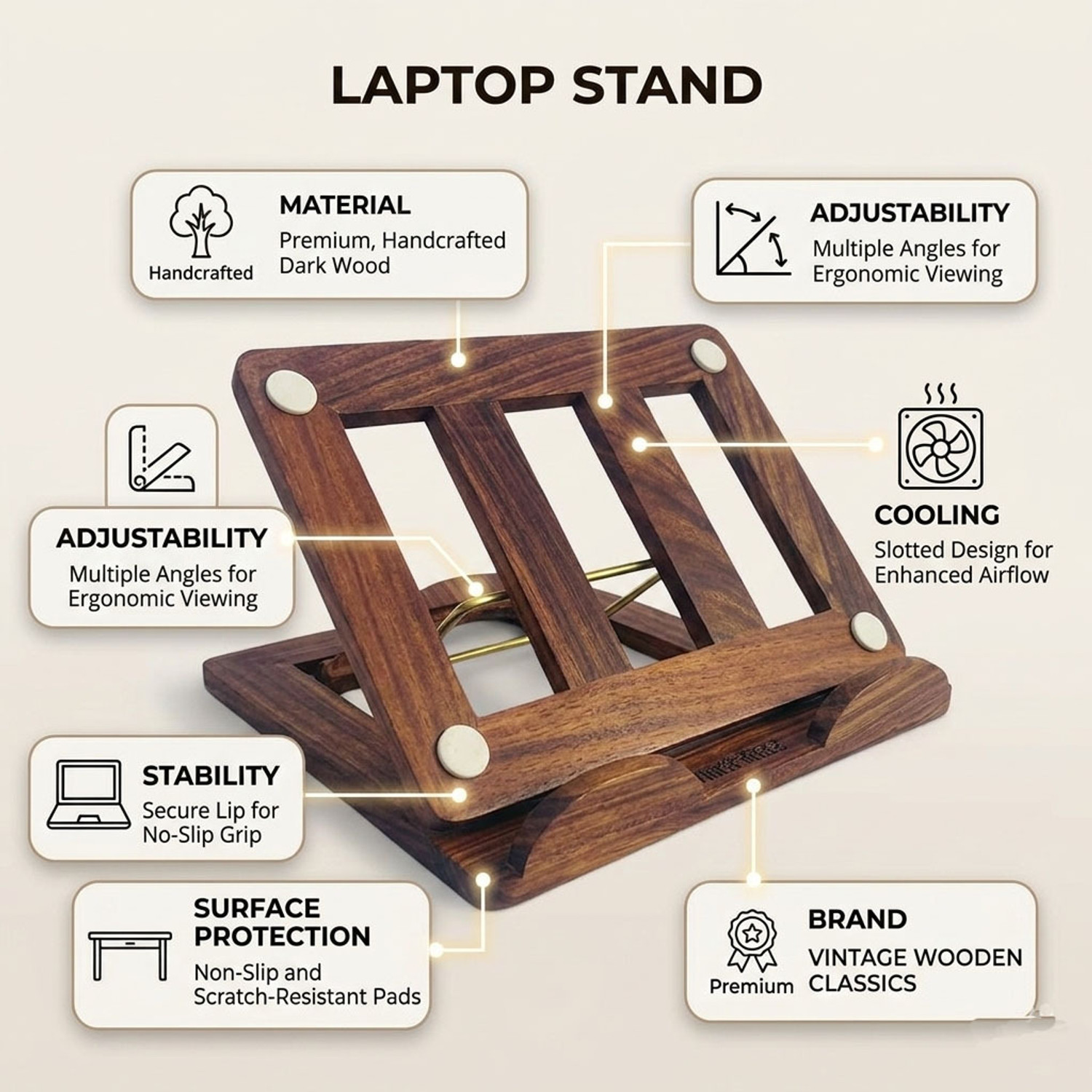 Image of KHUSUBHDECOR WOODEN LABTOP TABLE CH7851 Wooden Floor and Desk Stand Rotatable Laptop Stand with Adjustable Height Compatible with Universal Laptops