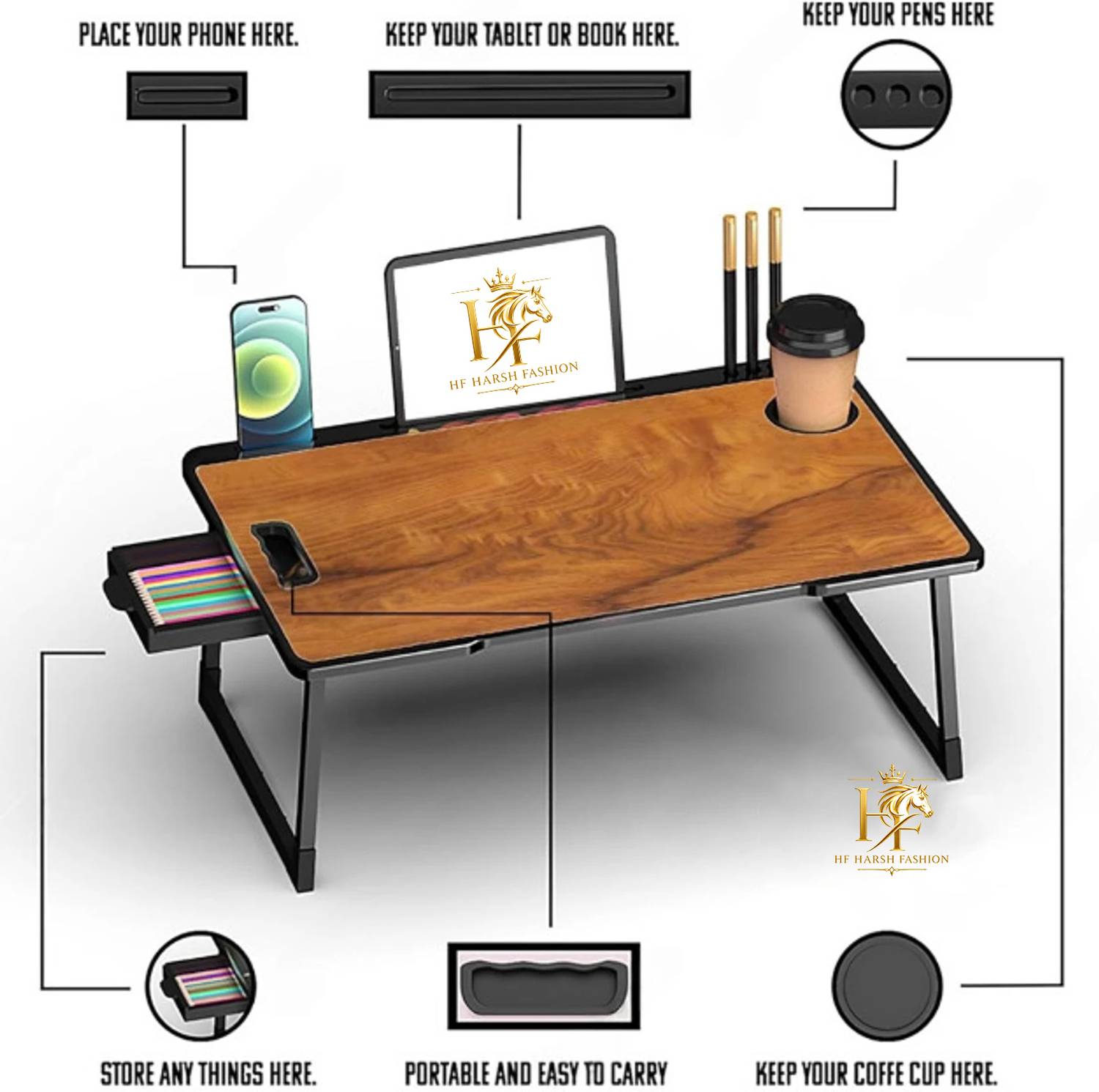 HF HARSH FASHION Wood Portable Laptop Table - Image 3
