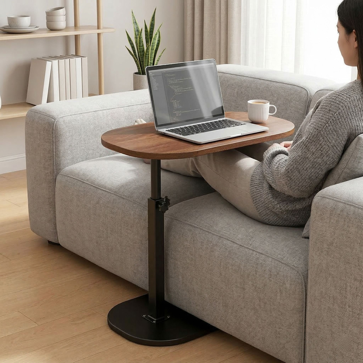 Image of Virah Adjustable C-Shaped Side Table,Engineered Solid Wood & Heavy-Duty Metal Base Wood Portable Laptop Table