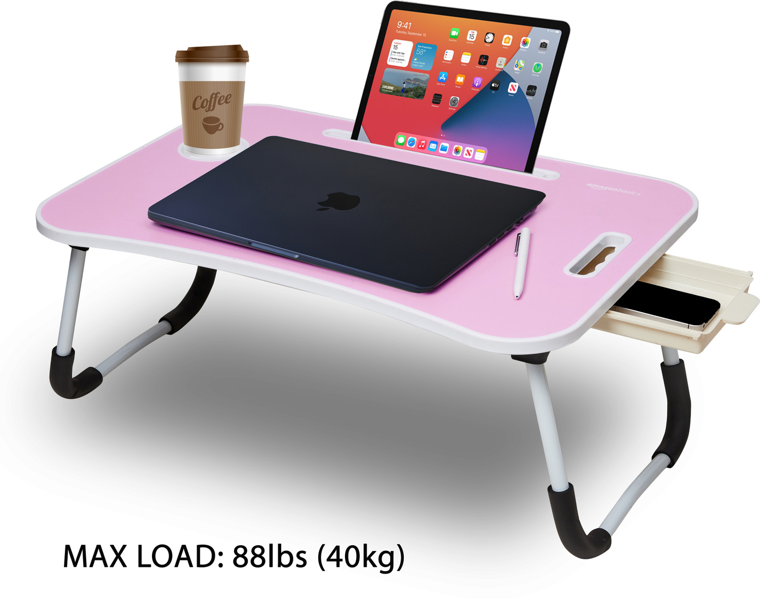 Image of Flipkart Perfect Homes Studio Foldable Wooden Mini Laptop Table for Bed, Study Table with Drawer, Table (Pink) Wood Portable Laptop Table