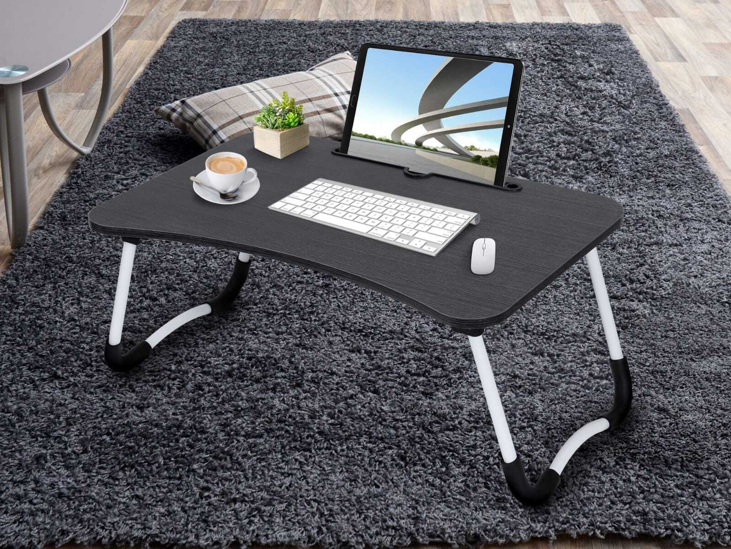 Image of HASMUN Multipurpose Foldable with Cup Holder, Study, Bed Wood Portable Laptop Table (Finish Color - BLACK, Pre Assembled)