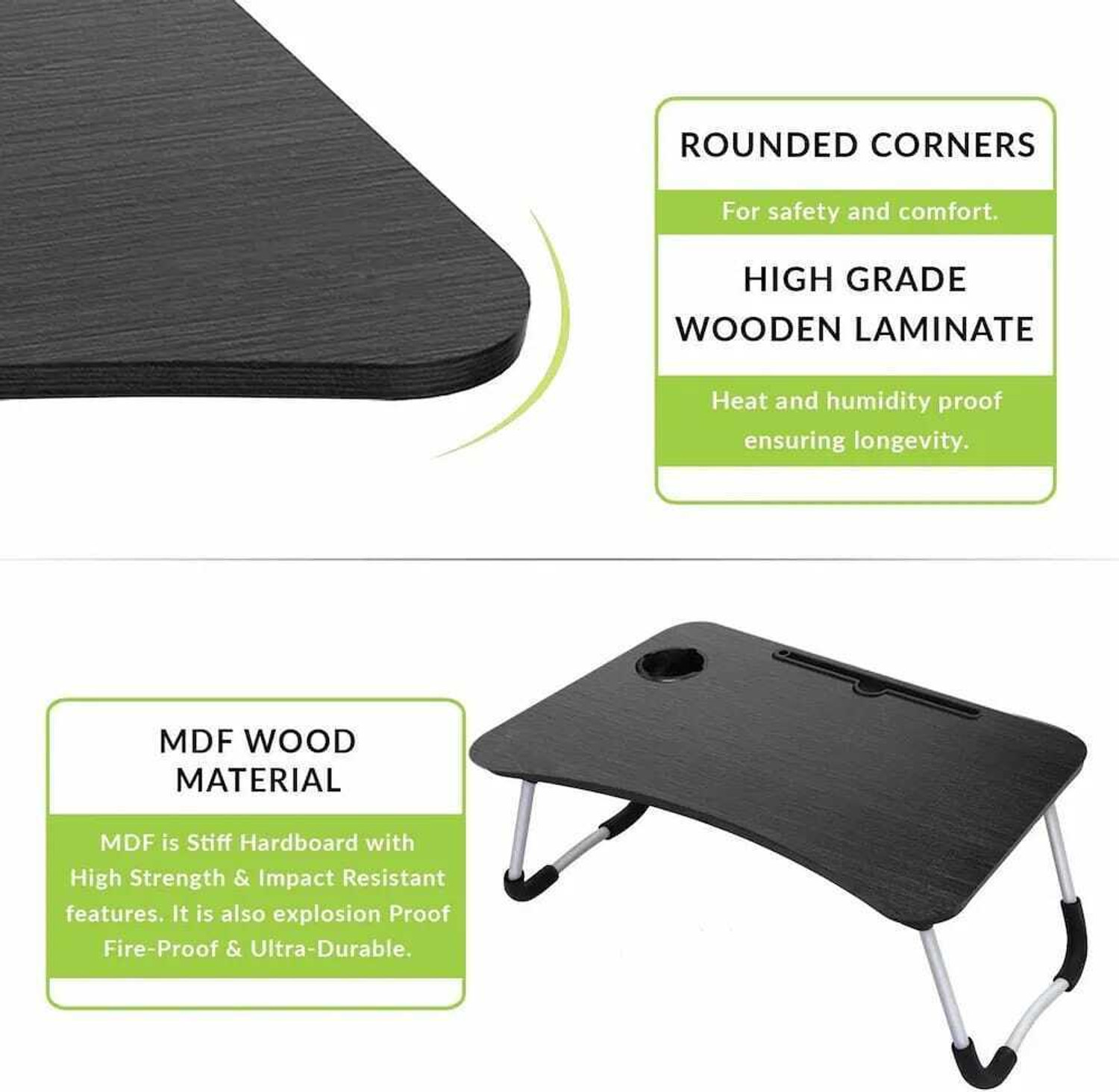 Image of HASMUN Multipurpose Foldable with Cup Holder, Study, Bed Wood Portable Laptop Table (Finish Color - BLACK, Pre Assembled)