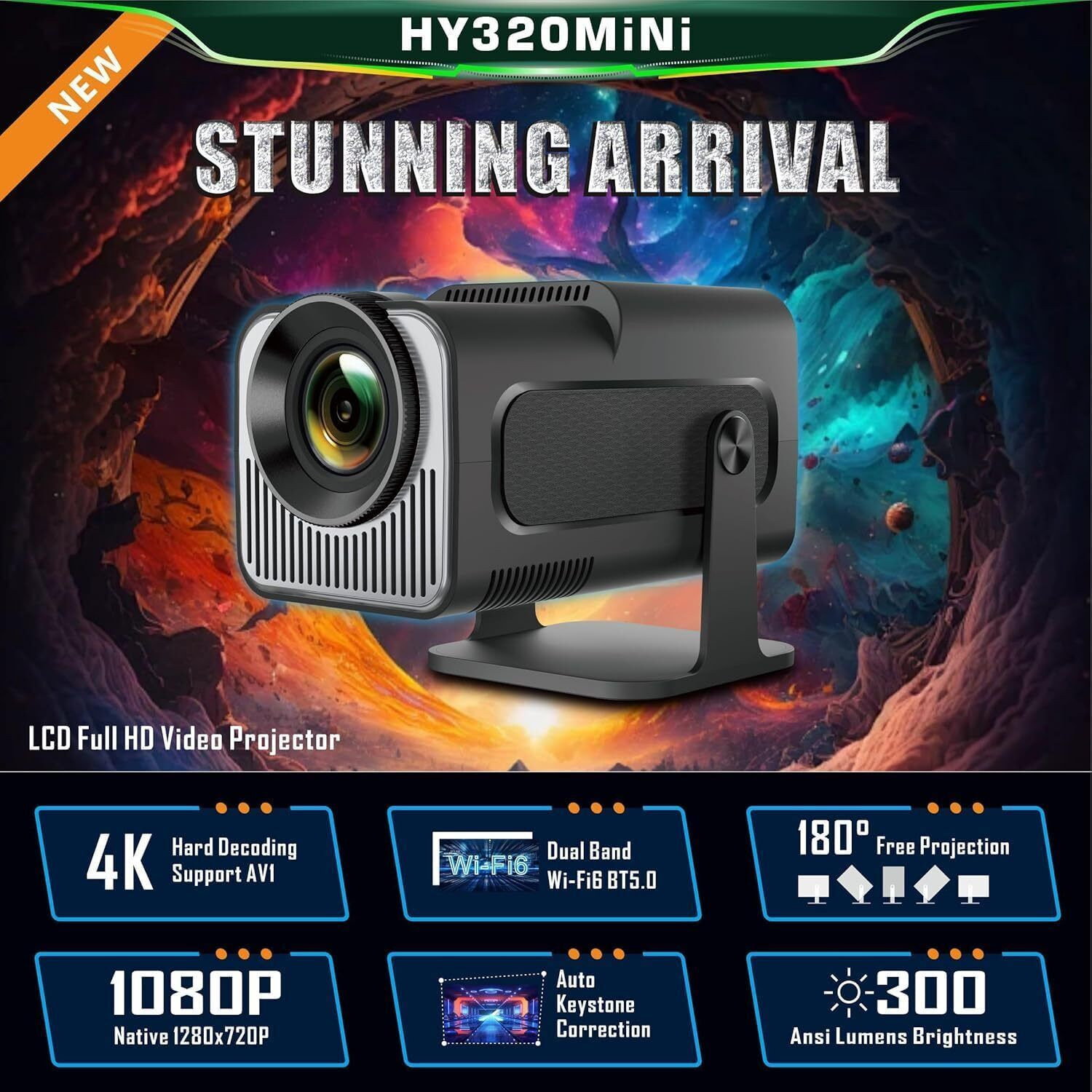 Image of OnlyU HY320 Mini projector 4k android HD 11 WiFi 6 /BT 5.0 Freestyle Auto Keystone (5000 lm / 1 Speaker / Wireless / Remote Controller) Portable Projector