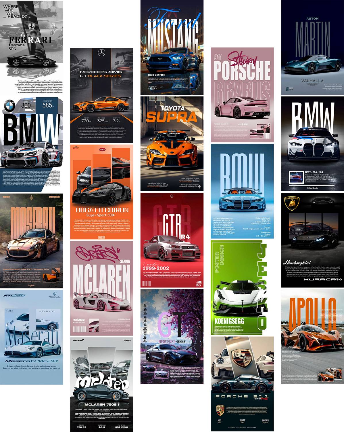 Car Poster Set of 20 (4x6 Inch) | Luxury & Sports Car Aesthetic Wall Art Prints | Modern Room Decor for Bedroom, Desk & Gallery Wall Paper Print