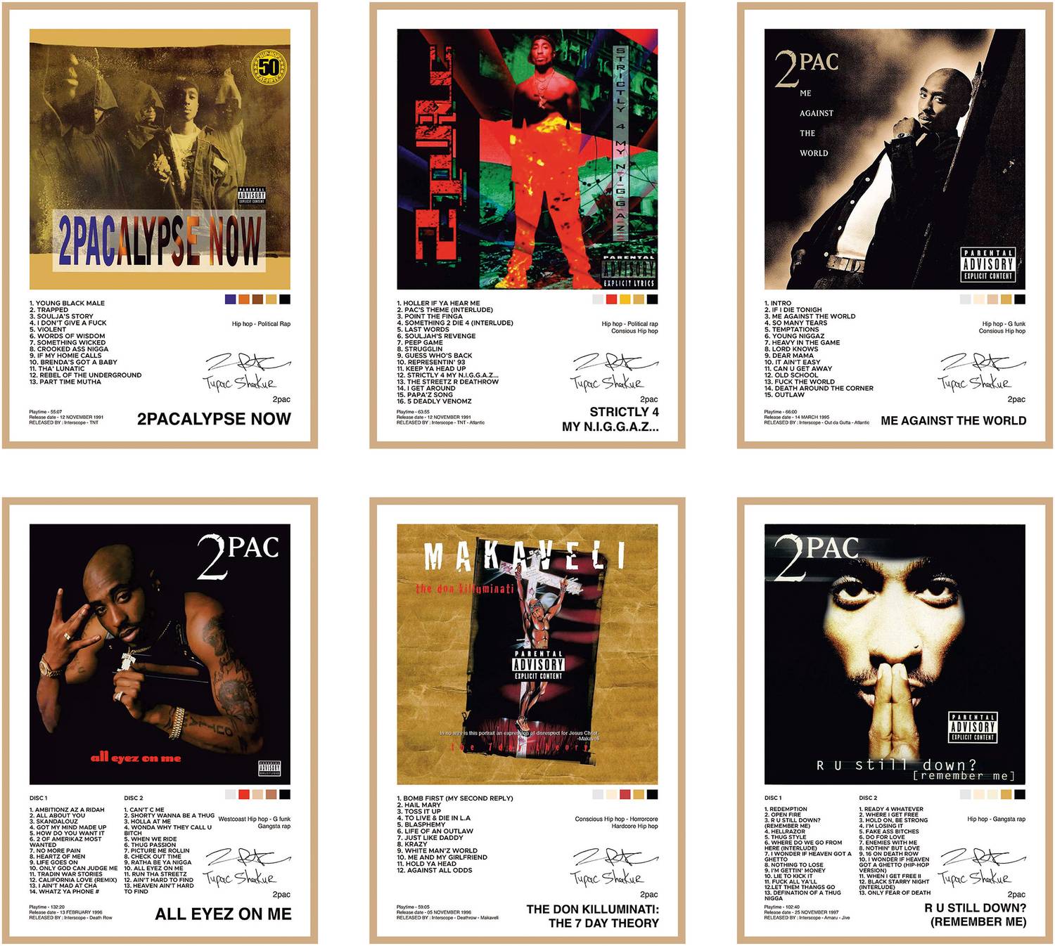 Pack of 6 - 2Pac Tupac Shakur Music Album Art Wall Posters 8x12
