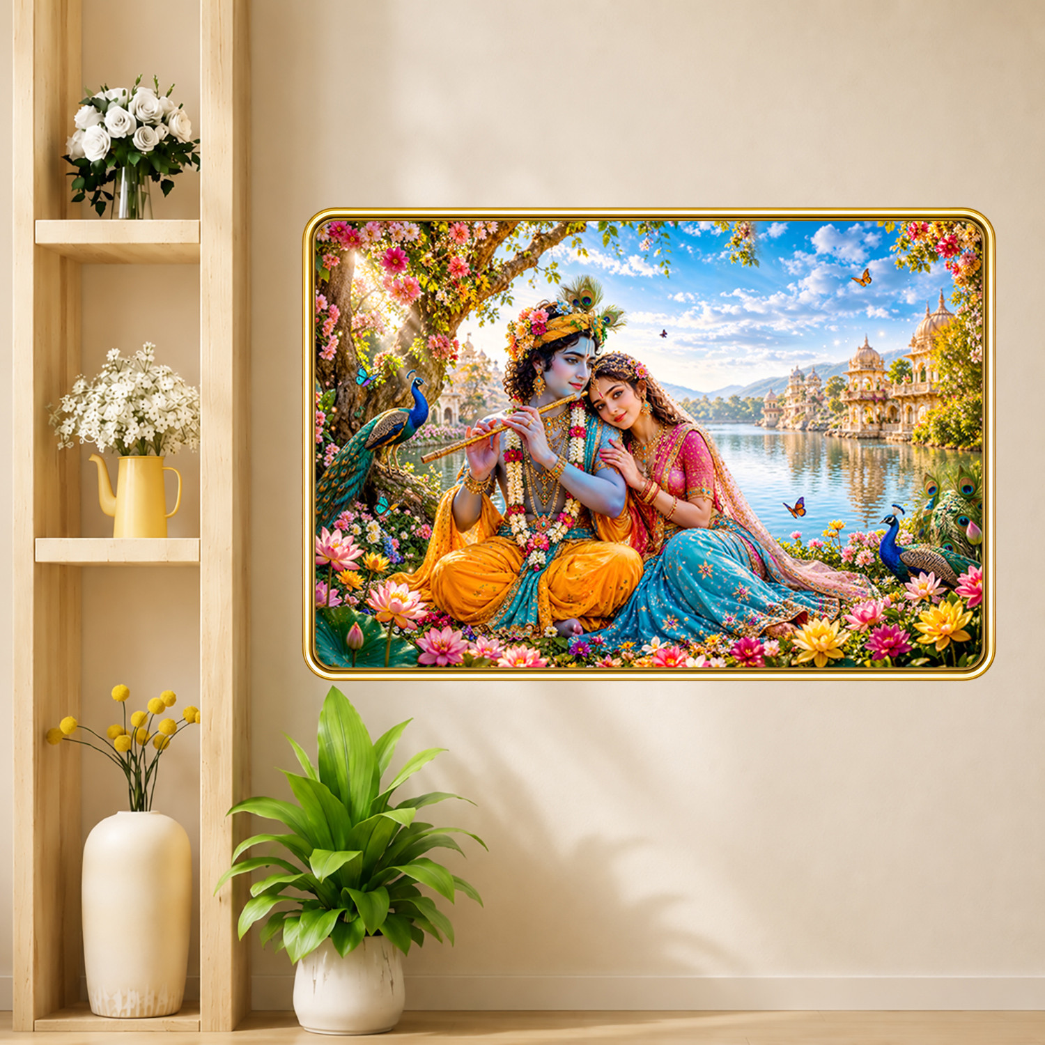 Image of Vastu Radha Krishna Photo Frame Painting Trending Natural Design for Home, Office & Living Room | Sparkle Coated Lamination Vinyl Print | Golden Slim Frame Vinyl Photographic Paper