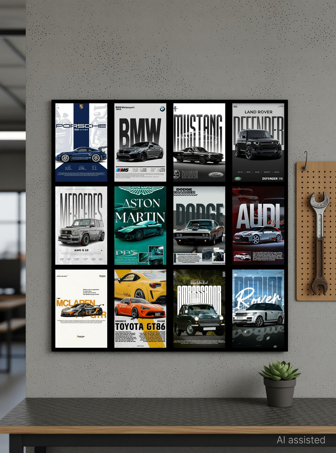 Image of Luxury Sports Car Poster Set of 12 | Porsche, BMW, Mustang, Mercedes, Aston Martin, Dodge, Audi, McLaren & More | Aesthetic Wall Art Prints for Car Lovers, Garage, Office, Bedroom Decor 3D Poster