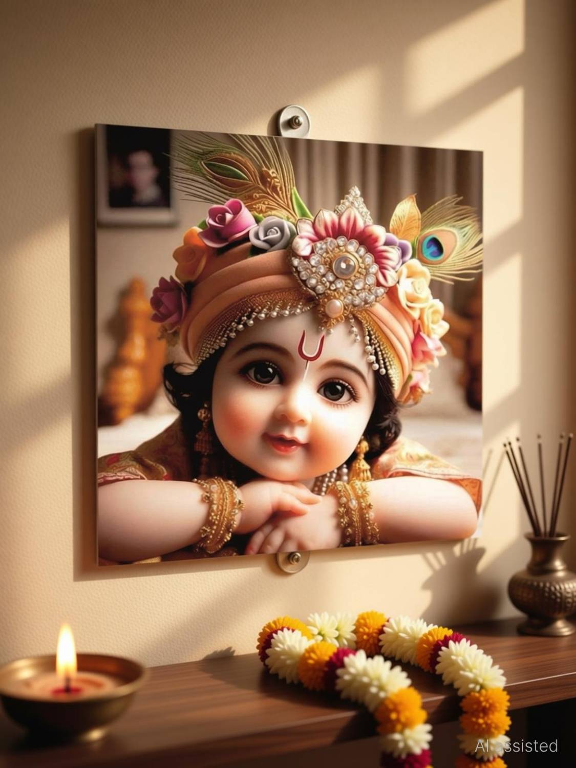 Baby Bal Krishna With Mukhut God Wall Poster For Pooja Room,Office,Bedroom,Living Room (Size -45 Cm X 45 cm) Paper Print