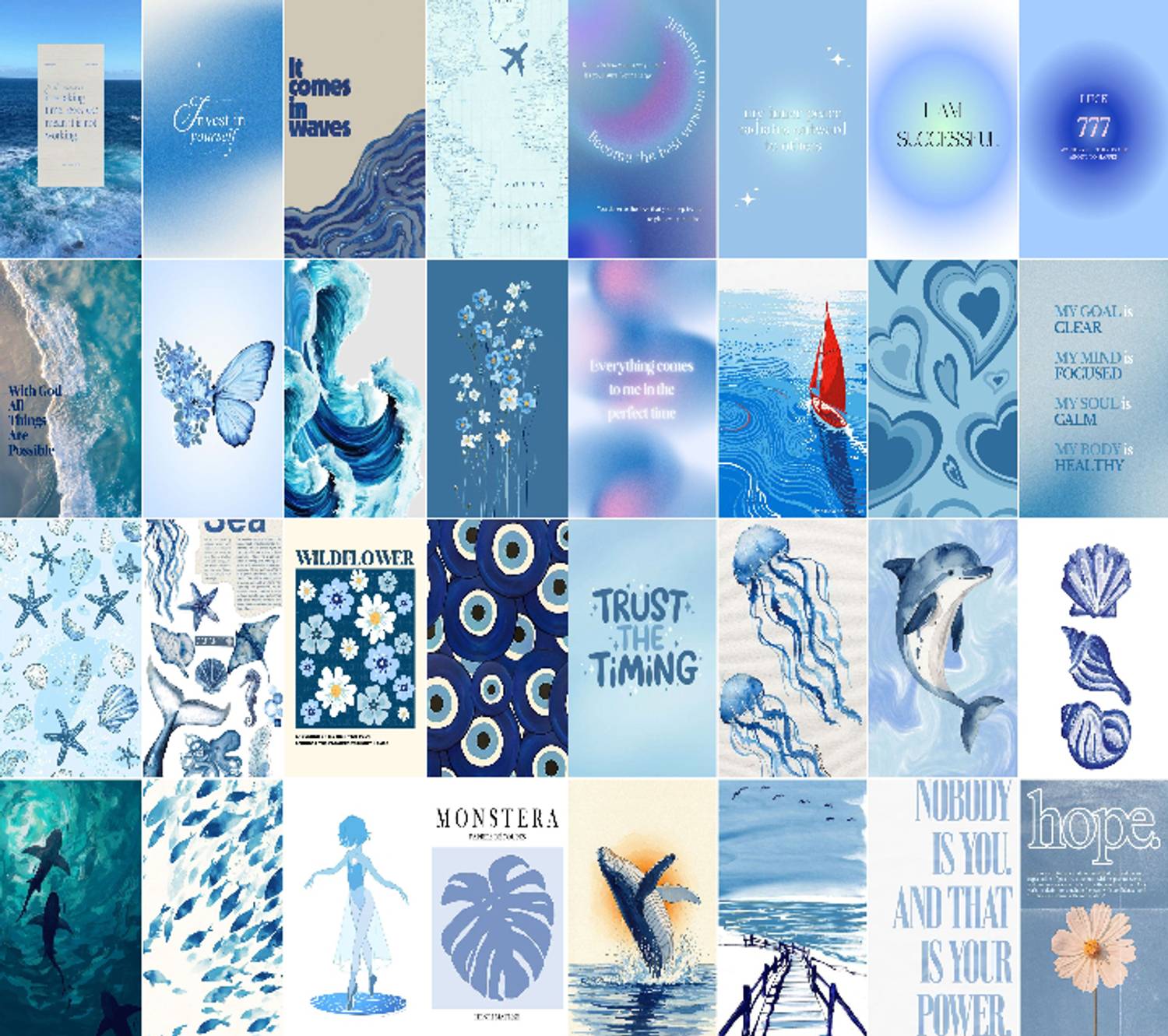 Aesthetic Blue College Kit Poster for Girls – Set of 32 Mini Wall Posters (3 x 4.5 Inch, 300 GSM) | Ocean, Quotes, Girls Room Photographic Paper