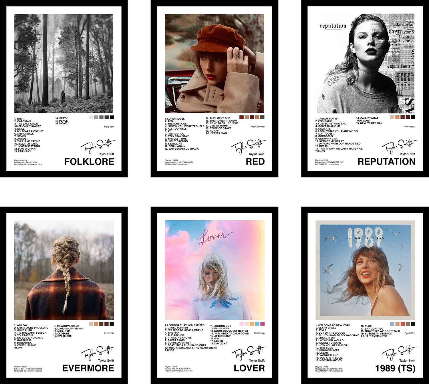 Pack of 6 - Taylor Swift Music Album Art Wall Framed Posters 8x12