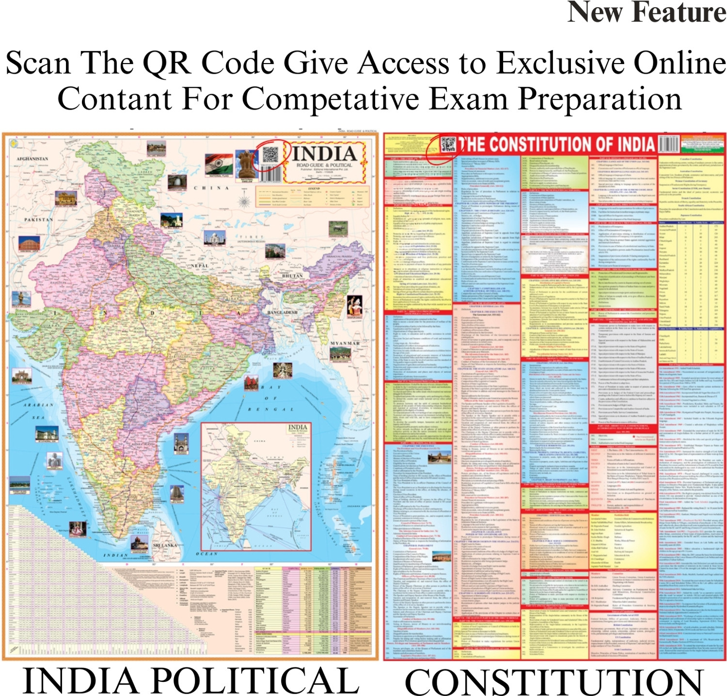 Image of Pack of 7 India & World Political & Physical Maps with History & Constitution of India & Bihar | 70x100 cm / 28x40 inch | 90 GSM Thick Paper | Extra Quality Print | New Edition with QR Code | SSC, UPSC & Competitive Exams Paper Print Paper Print