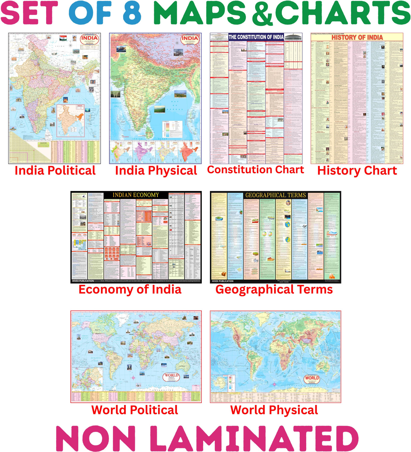 Image of India & World Map ( Both Political & Physical ) with Constitution of India , Indian History , Indian Economy & Geographical Terms Chart | Set Of 8 | Useful for UPSC and other competitive exam preparation | Fine Art Print