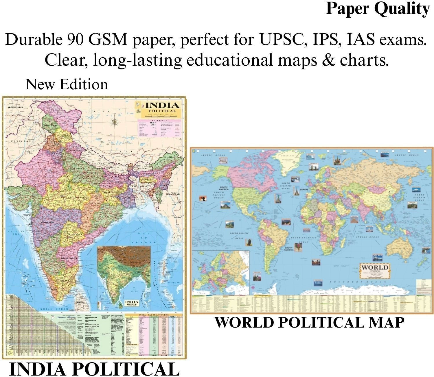 Image of (Pack of 2) INDIA & WORLD Political Map (Both Map Size 100x70 Centimeter) In India Map Mention Distance Between Major Cities and Highway, Rivers, Peaks, Capital, Area, Density, Literacy of States Etc. For UPSC, SSC, PCS, Railway and Other Competitive Exams Map - 1 January 2020 Paper Print