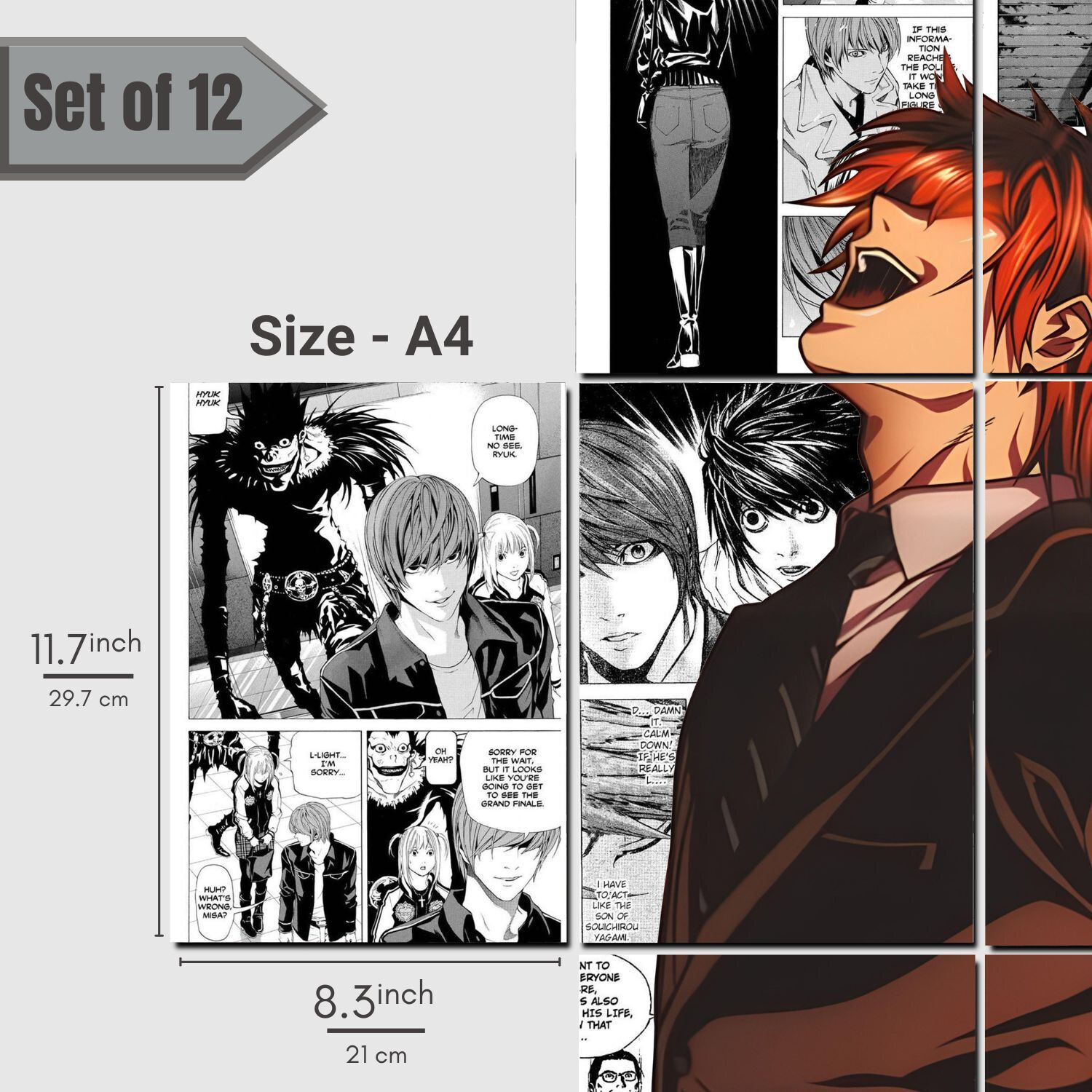 Image of Set of 12 Light Yagami manga kit wall decor 300 GSM hard poster Death Note posters Paper Print (11.7 inch X 8.3 inch) Photographic Paper Photographic Paper