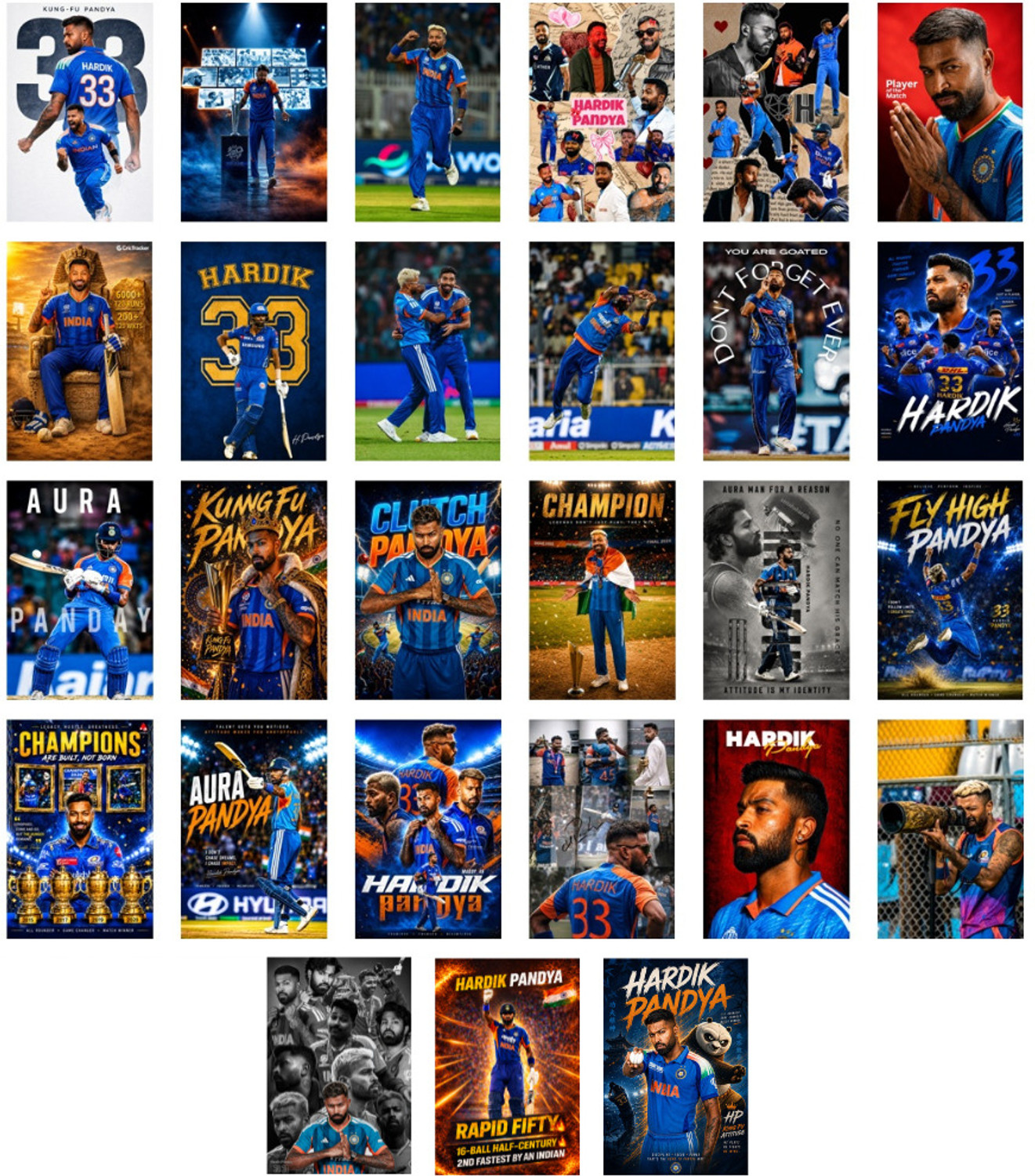 Image of Print Emporium Hardik Pandya Poster Pack of 27 | Cricket Legend Wall Collage Kit | HD Premium Posters Set | 4x6 Inch Photo Prints for Bedroom, Living Room, Office, Hostel & Gaming Room Decor | Gift for Cricket Fans Fine Art Print (6 inch X 4 inch, Flat Box)