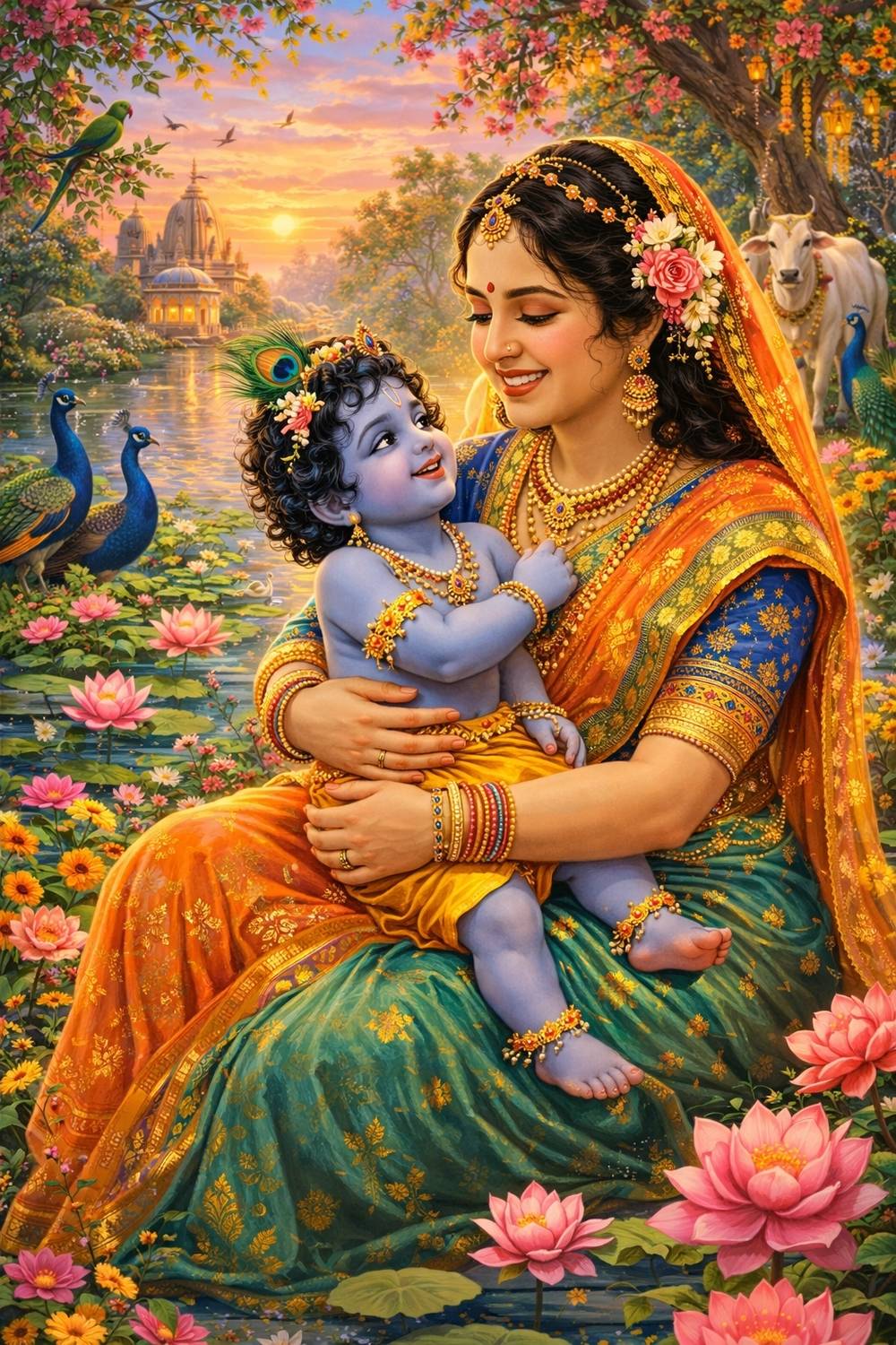Yashoda with Baby Krishna Divine Painting | Bal Krishna with Mother Wall Art Poster | Spiritual HD Religious Artwork for Home Decor Living Room Bedroom Temple Decoration Photographic Paper