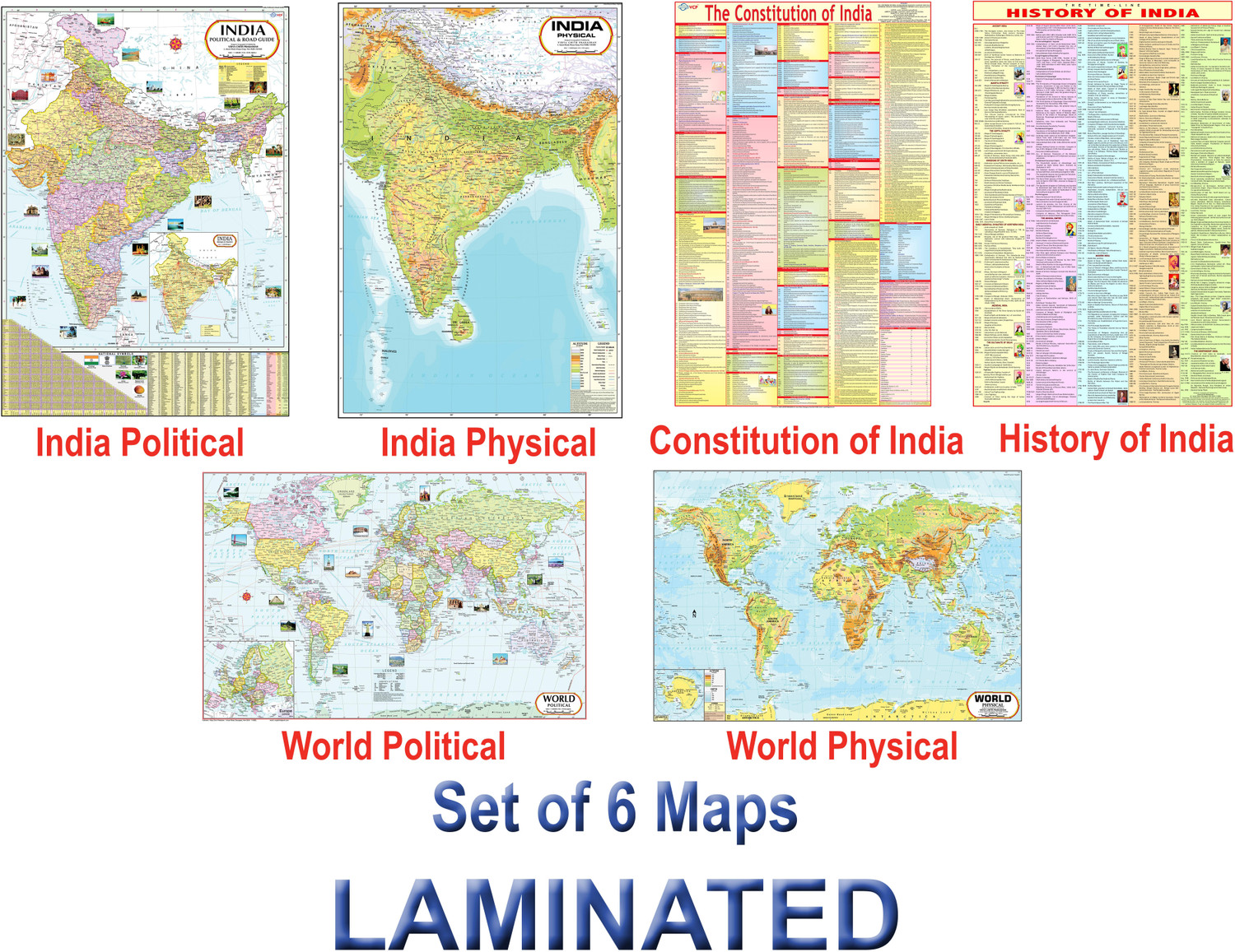 Image of India & World Map ( Both Political & Physical ) with Constitution of India Chart | LAMINATED SET OF 6 Photographic Paper