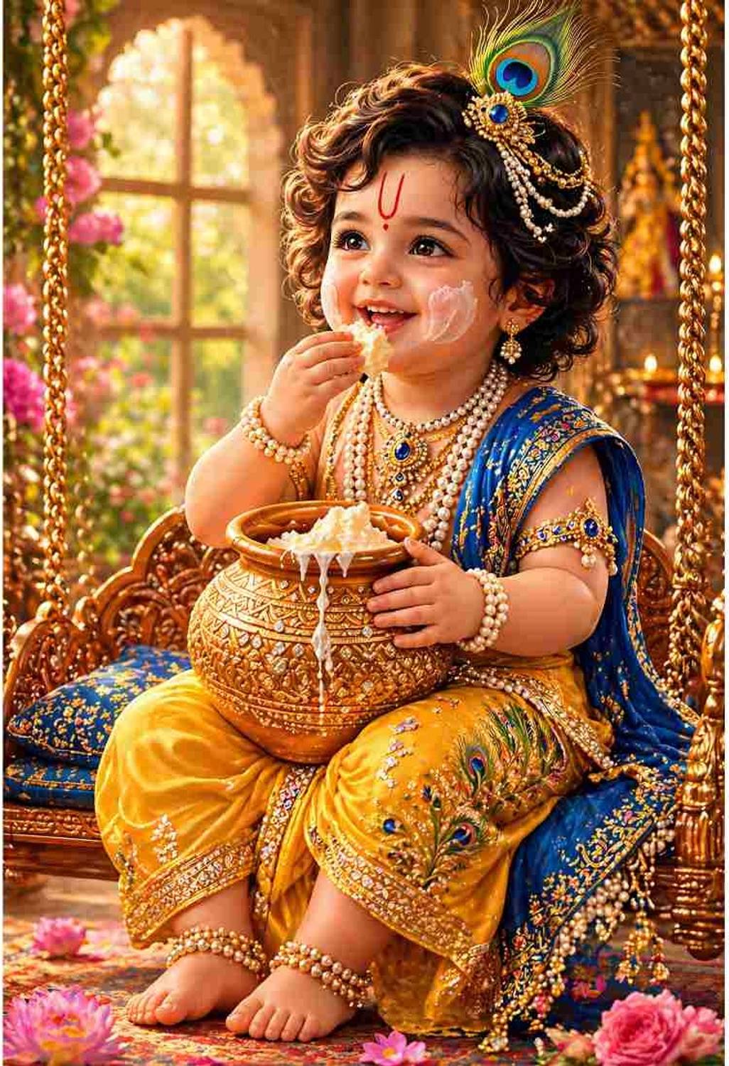 Smiling Laddu Gopal Butter Pot Poster | (NO FRAME) | 12 x 18 Inch | Premium 300 GSM Paper | Golden Bal Krishna Jhula Print | Cute Kanha Ji Eating Butter Poster for Expectant Mothers Paper Print