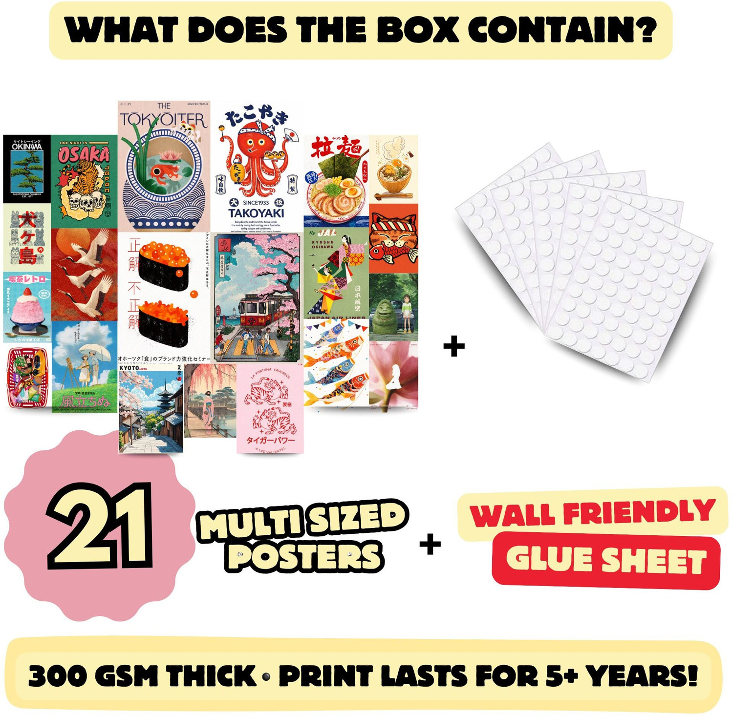 Image of SAKURASCAPE 21 PCS Japanese Aesthetic Wall Posters Unframed | Multi Size A4 A5 A6 Posters | Tokyo, Kyoto, Anime, Sushi, Ramen & Japan Travel Art Theme Room Decor | 300 GSM Premium Thick Prints with Wall Friendly Glue Dots for Bedroom & Study Setup Fine Art Print