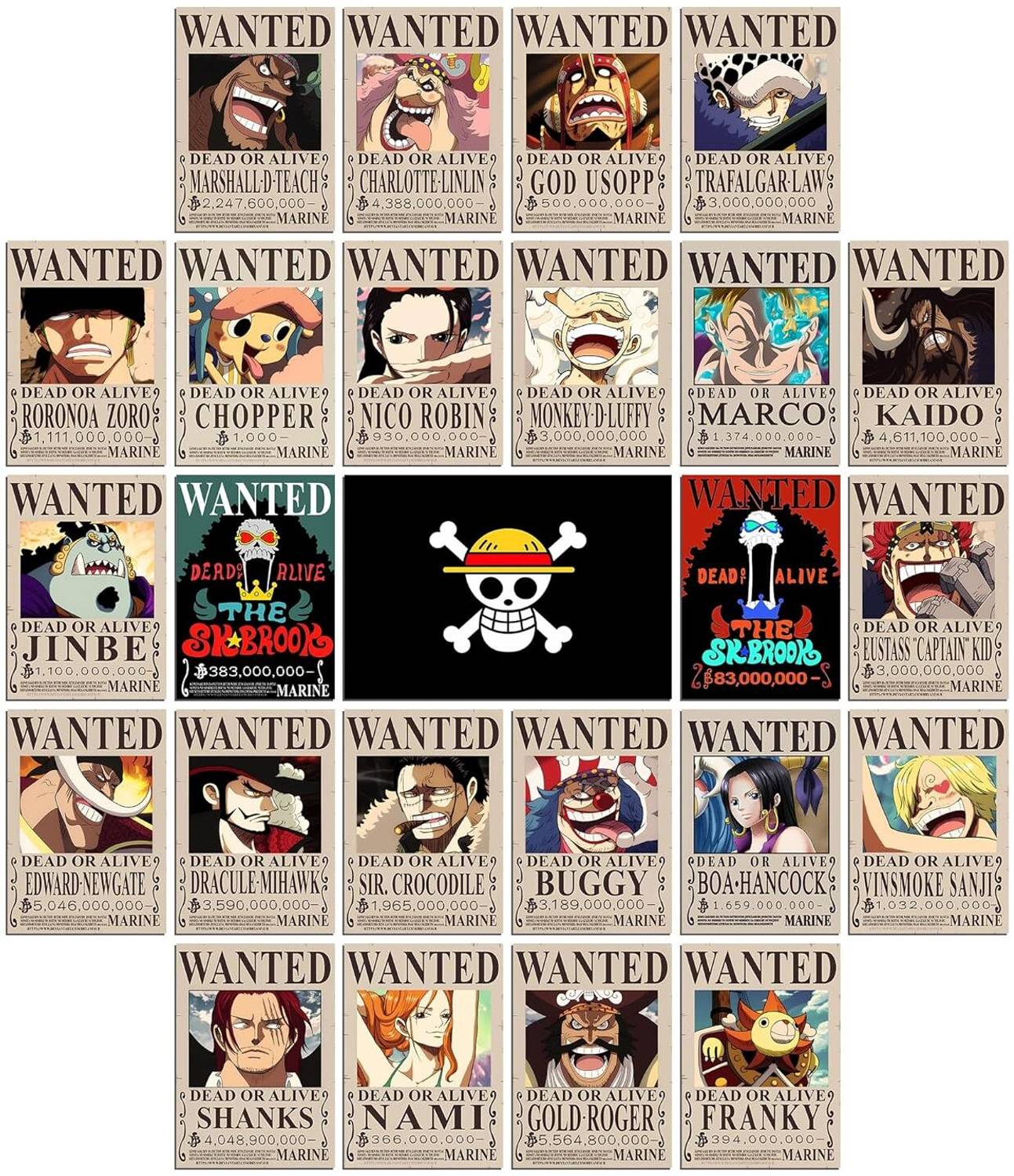25PCS Anime One Piece Wanted Posters,New Bounty Edition, Featuring Straw Hat Pirates Paper Print