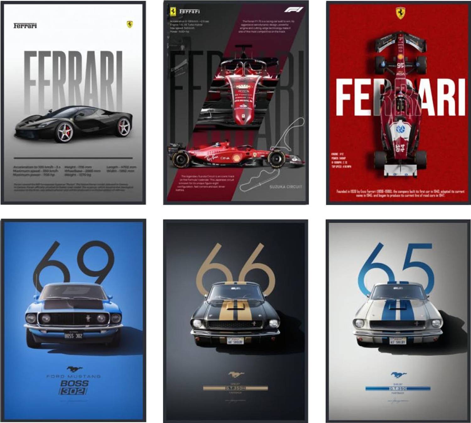 A4 Super Cars Poster Pack of 6 - Room Decor Aesthetic Stuff, Wall Stickers For Home Decoration of Living Room, Bedroom & Office For Motor Sport Enthusiasts - With Double Sided Tape Fine Art Print