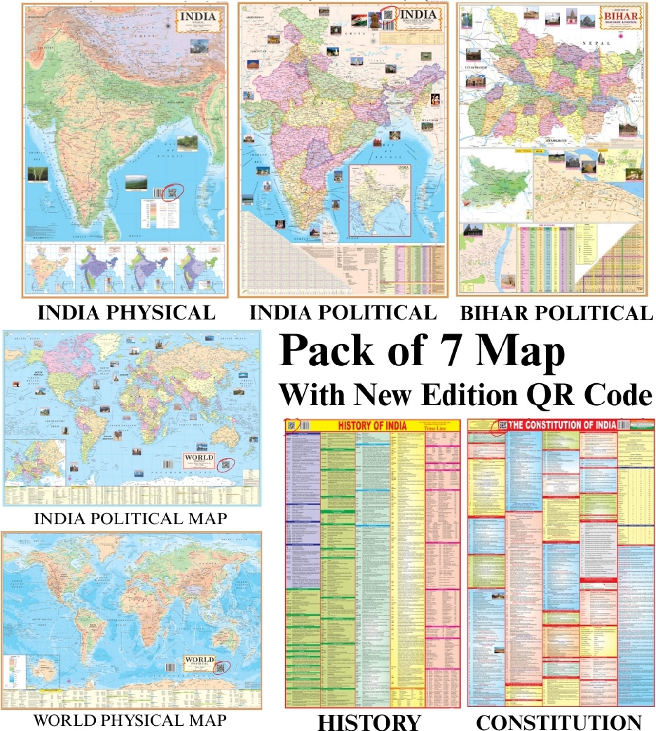 Image of Pack of 7 India & World Political & Physical Maps with History & Constitution of India & Bihar | 70x100 cm / 28x40 inch | 90 GSM Thick Paper | Extra Quality Print | New Edition with QR Code | SSC, UPSC & Competitive Exams Paper Print Paper Print