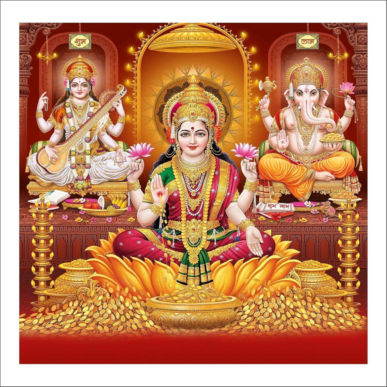 Maa Laxmi Ji ganesh ji Saraswati Mata Ji Digitally Printed Paper Posters Blessings Wall Poster – 12x18 Inch, Mandir, Living Room Pooja Vinyl