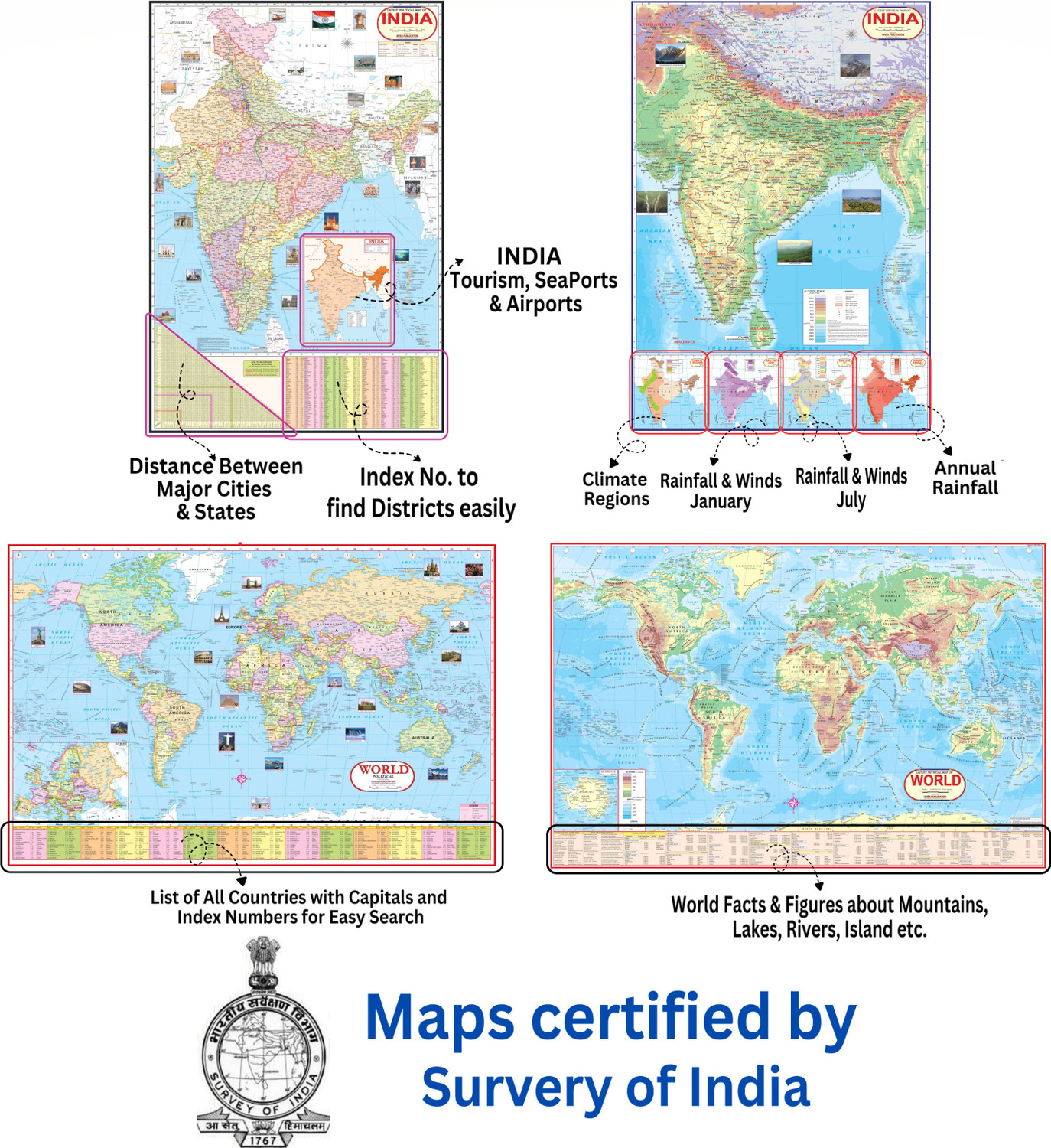 Image of Complete set of UPSC Maps & Charts Laminated | Set of 11 | India & World Map ( Both Political & Physical ) with Constitution of India, Constitutional Amendments, Indian History, Indian Economy, Geographical Terms, Geography of India, and UPSC Prelims Syllabus Chart | LAMINATED Fine Art Print