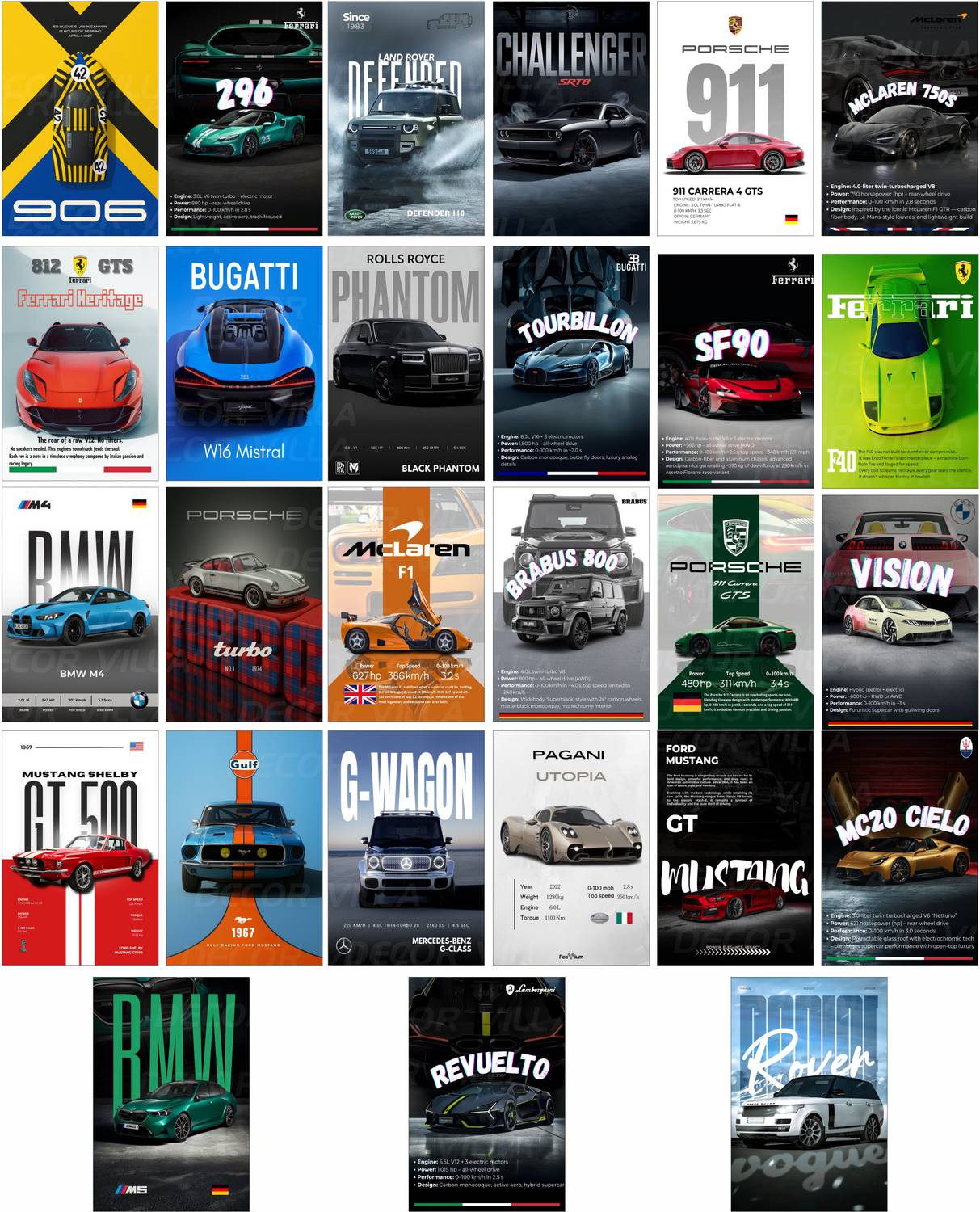 27 Pcs Sport car & Luxury Car Wall Collage Kit – 4x6 Inch Matte Posters | Aesthetic Automotive Room Decor for Bedroom, Garage, & Office | Includes Double-Sided Tape Paper Print