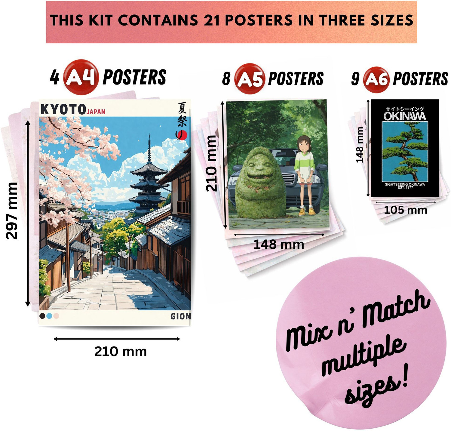 Image of SAKURASCAPE 21 PCS Japanese Aesthetic Wall Posters Unframed | Multi Size A4 A5 A6 Posters | Tokyo, Kyoto, Anime, Sushi, Ramen & Japan Travel Art Theme Room Decor | 300 GSM Premium Thick Prints with Wall Friendly Glue Dots for Bedroom & Study Setup Fine Art Print