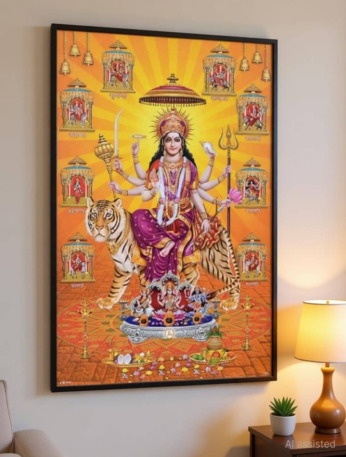 Beautiful poster | Gloss Lamination Printing | Goddess Maa Sherawali ji Wall Painting | Wall Poster for Room and Gym | Wall Poster For Restaurant - Hostel mess - Hotel kitchen - Bakery - Cookery - Posters for kitchen decoration| (Wall Poster Without Frame Fine Art Print) (12 inch X 18 inch, Rolled Over Hard Cardboard Pipe). Paper Print