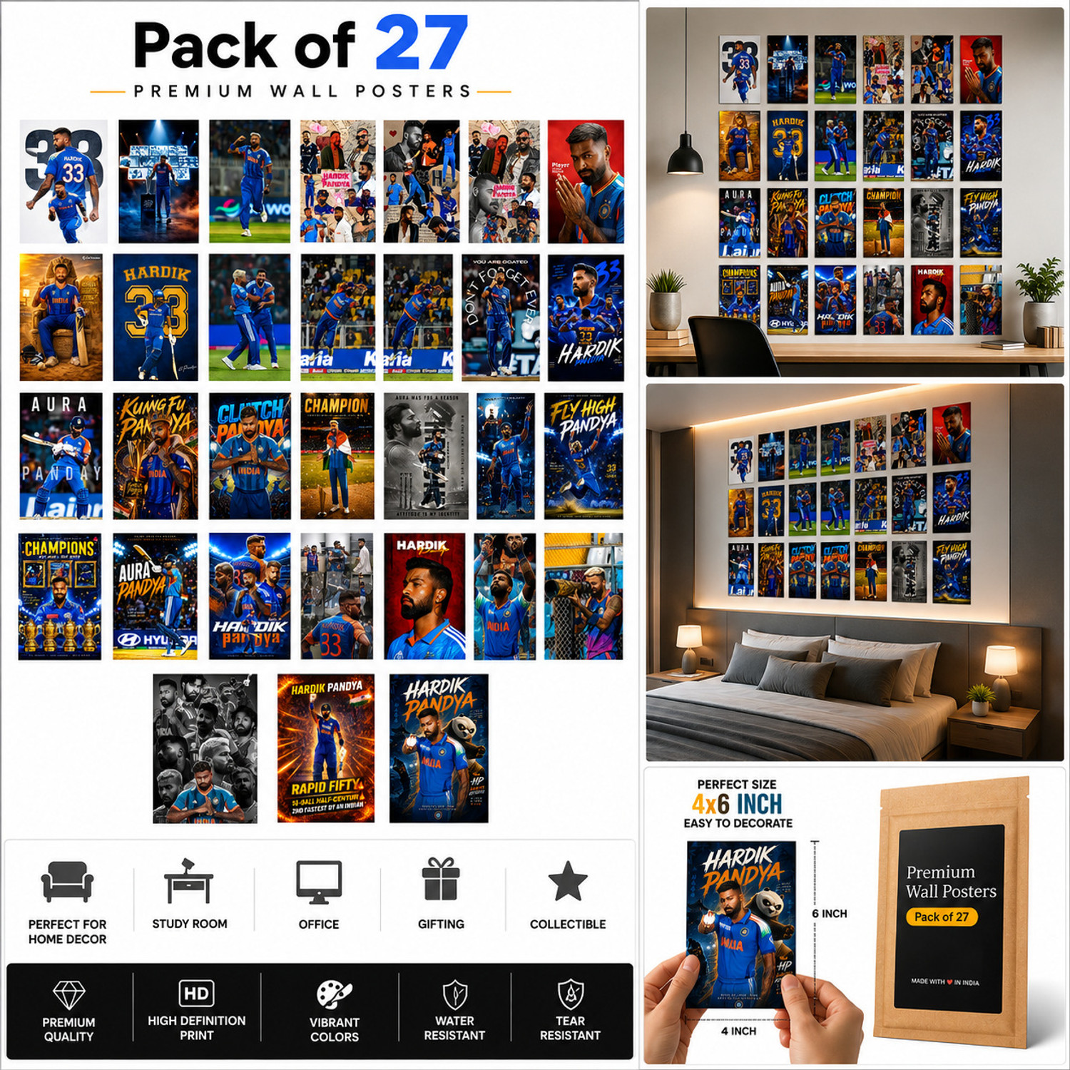 Image of Print Emporium Hardik Pandya Poster Pack of 27 | Cricket Legend Wall Collage Kit | HD Premium Posters Set | 4x6 Inch Photo Prints for Bedroom, Living Room, Office, Hostel & Gaming Room Decor | Gift for Cricket Fans Fine Art Print (6 inch X 4 inch, Flat Box)