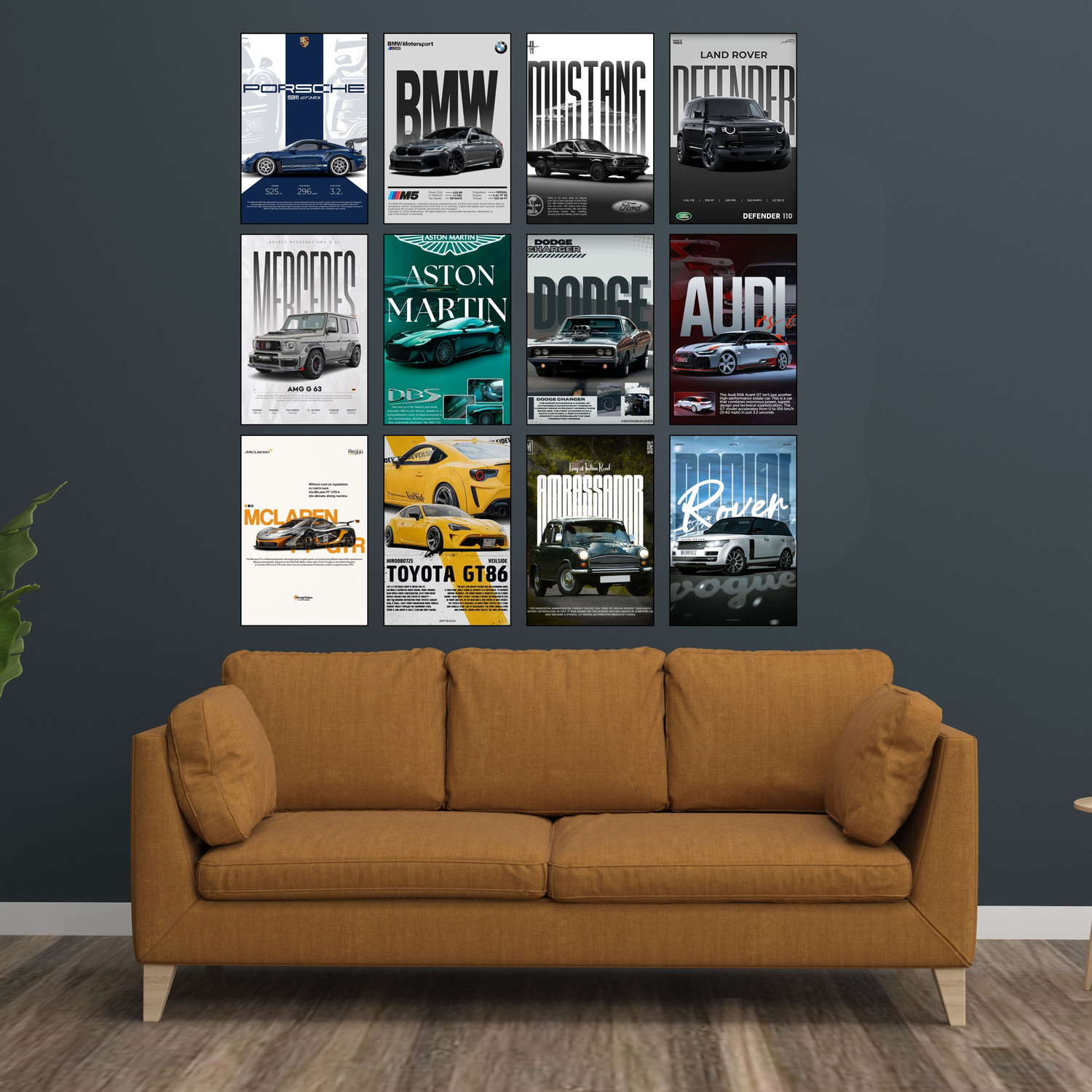 Image of Luxury Sports Car Poster Set of 12 | Porsche, BMW, Mustang, Mercedes, Aston Martin, Dodge, Audi, McLaren & More | Aesthetic Wall Art Prints for Car Lovers, Garage, Office, Bedroom Decor 3D Poster