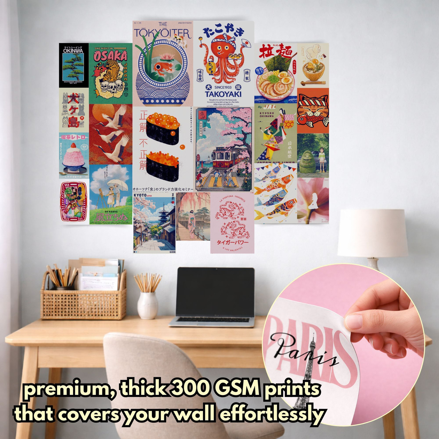 Image of SAKURASCAPE 21 PCS Japanese Aesthetic Wall Posters Unframed | Multi Size A4 A5 A6 Posters | Tokyo, Kyoto, Anime, Sushi, Ramen & Japan Travel Art Theme Room Decor | 300 GSM Premium Thick Prints with Wall Friendly Glue Dots for Bedroom & Study Setup Fine Art Print