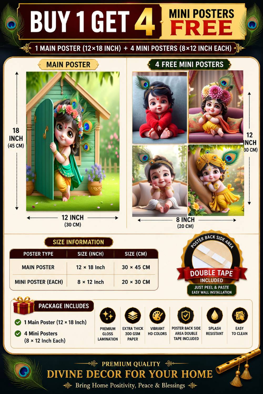 Bal Krishna Poster Combo Pack with 4 Free Mini Posters 12x18 Inch Main Poster 8x12 Inch Mini Posters Gloss Laminated Wall Décor F-258 Paper Print